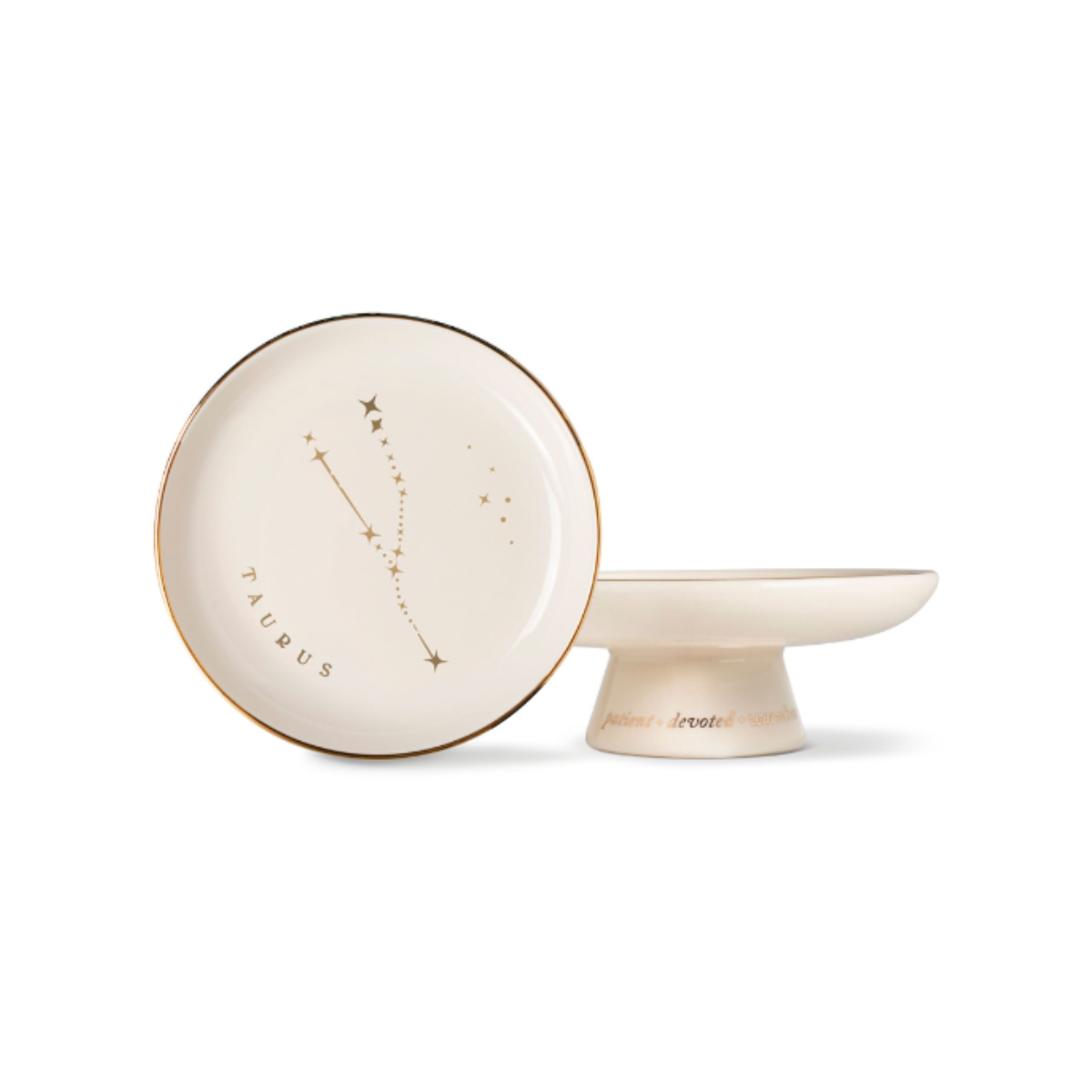 Taurus starry pedestal tray with round dish, gold constellation print, and pedestal base