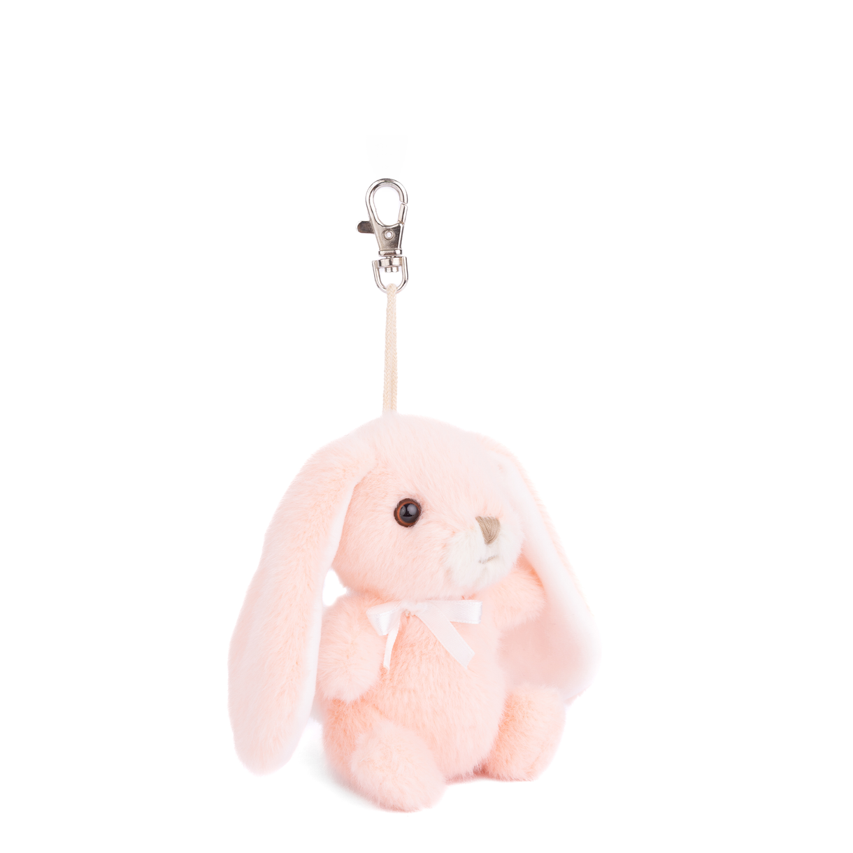 Blush pink plush bunny bag charm with bow and silver metal clip, hanging loop.