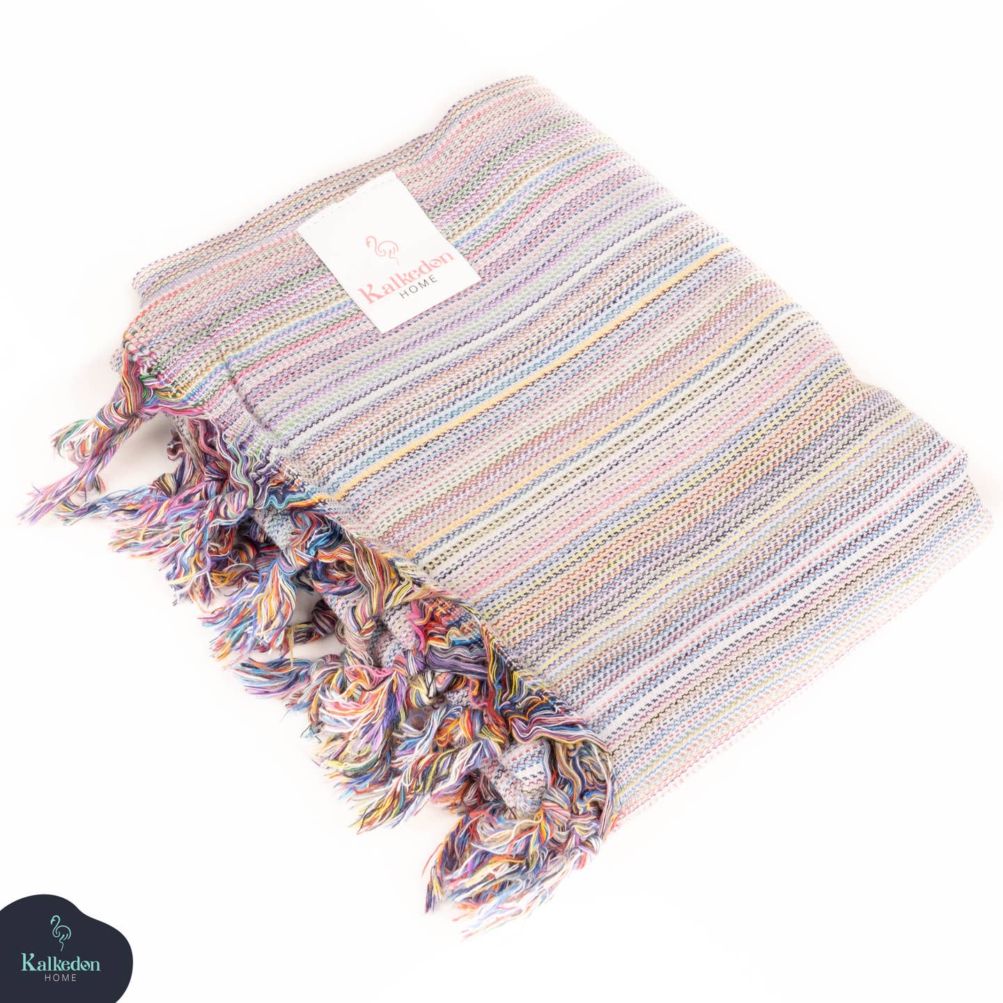 Gray striped Turkish cotton throw blanket with multicolor tassel fringe