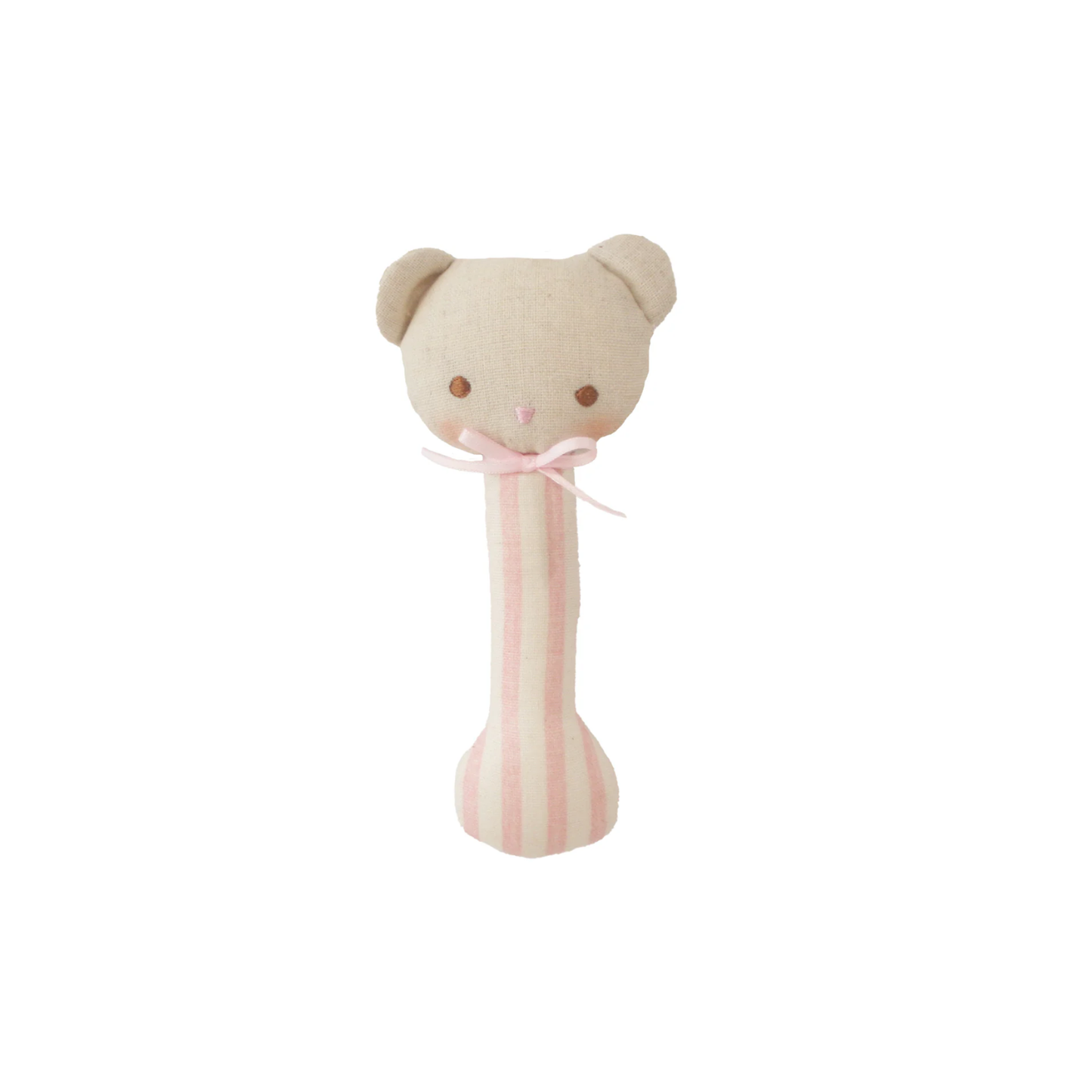 Ted stick rattle plush bear with pink-and-white striped fabric body