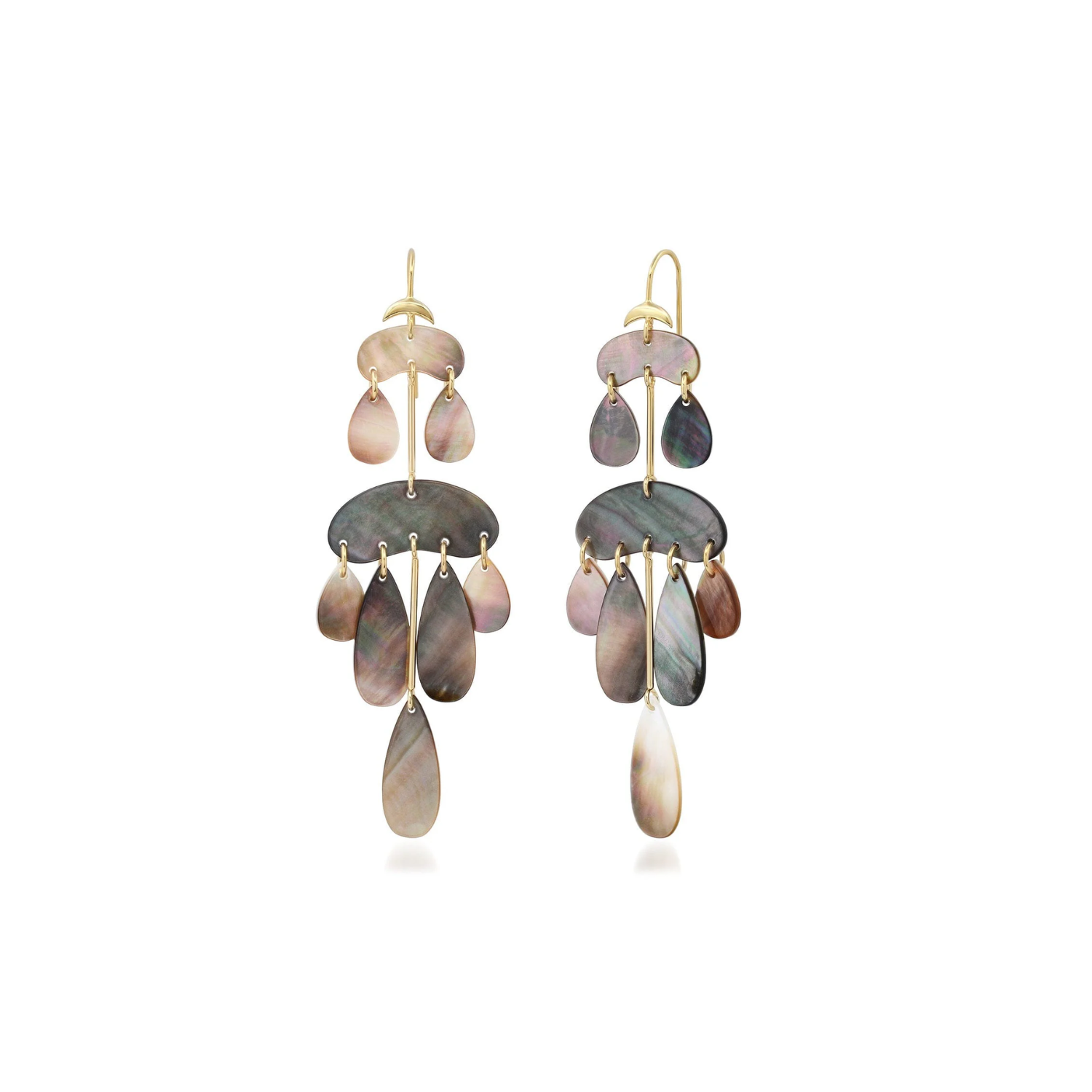 Black mother-of-pearl chandelier earrings with layered teardrop drops and gold hooks