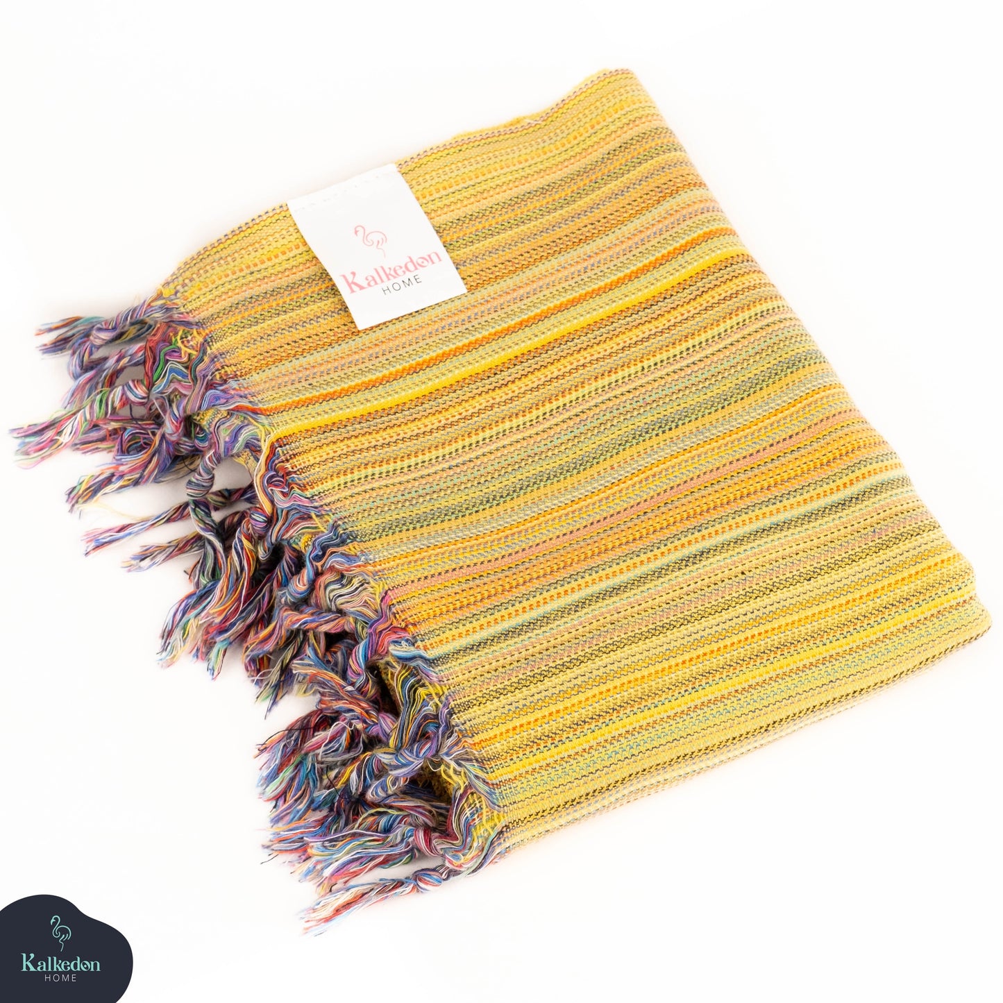 Yellow Turkish cotton throw blanket with multicolor fringed edges and woven texture