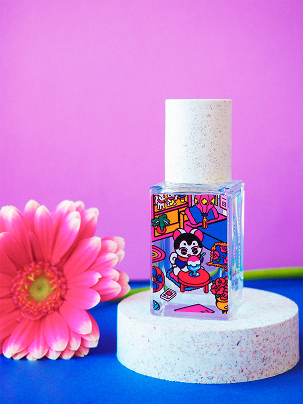 15 ml Arashi No Umi eau de parfum bottle with colorful character label, frosted cap