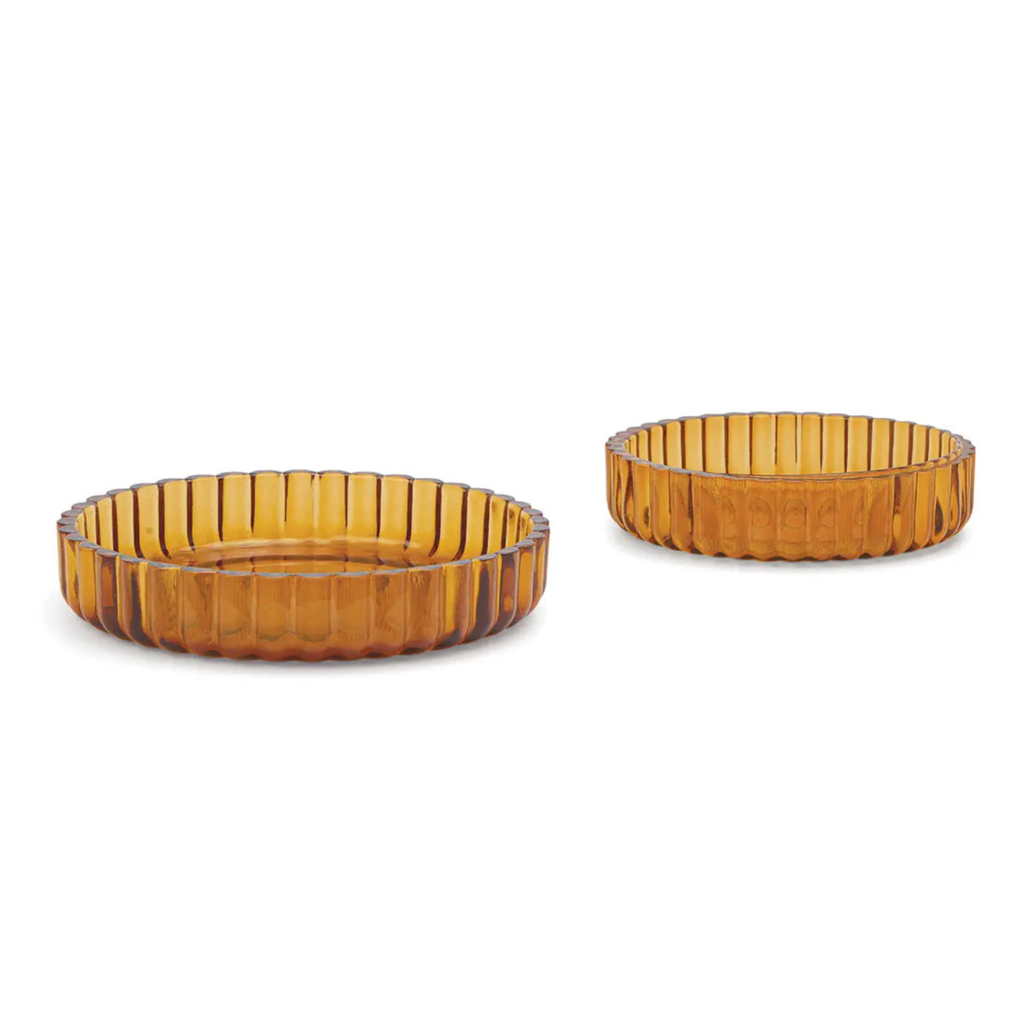 Amber ribbed glass nesting bowl set, round low serving bowls