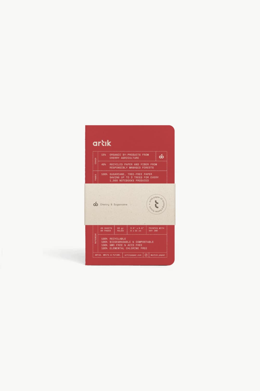 Pocket sewn notebook pack, cherry red cover with label and elastic band