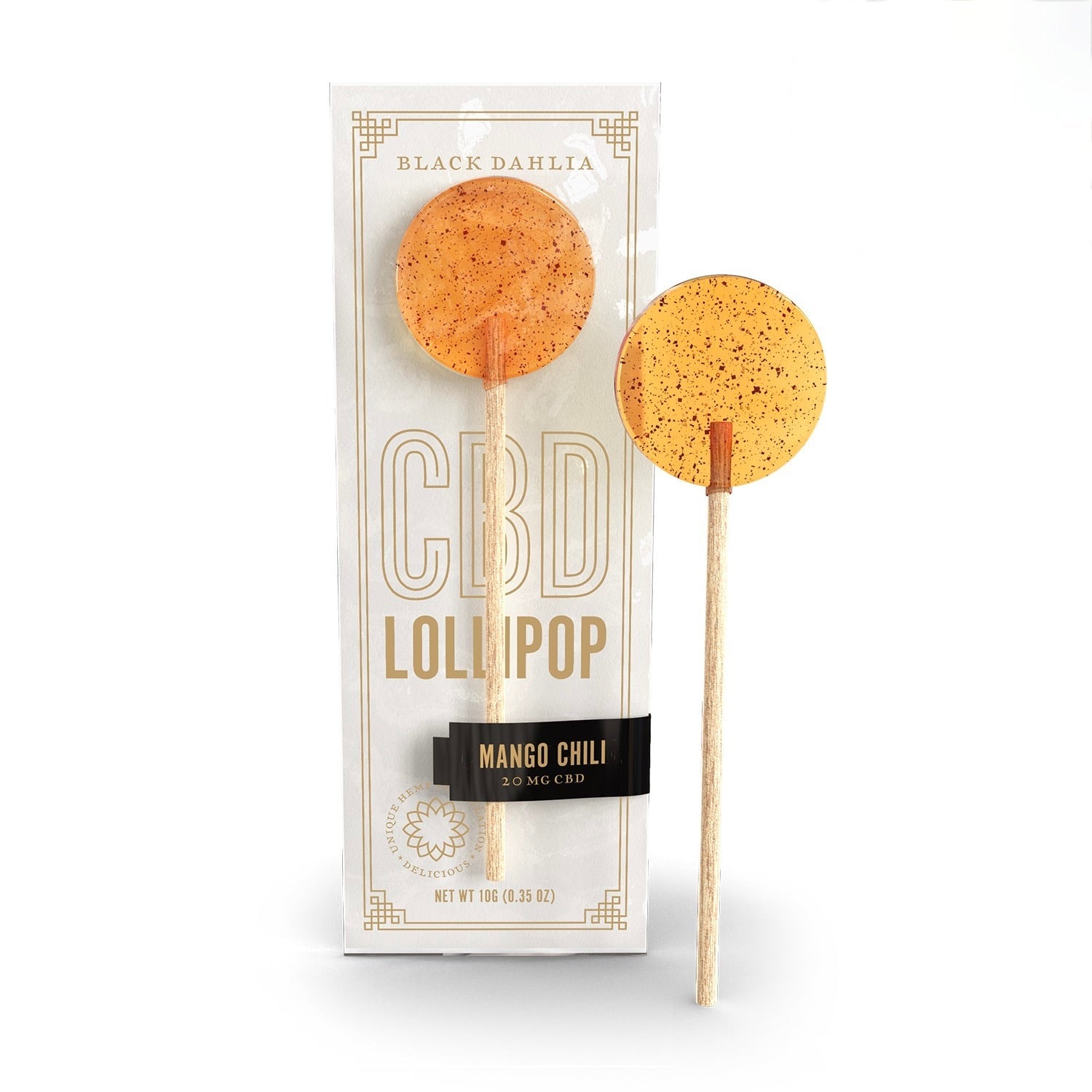 CBD mango chili lollipop set: two round lollipops on sticks with pouch packaging