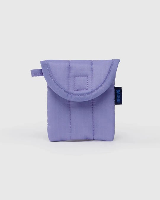 Lavender puffy earbuds case with quilted front flap and stitched panels, black label tag
