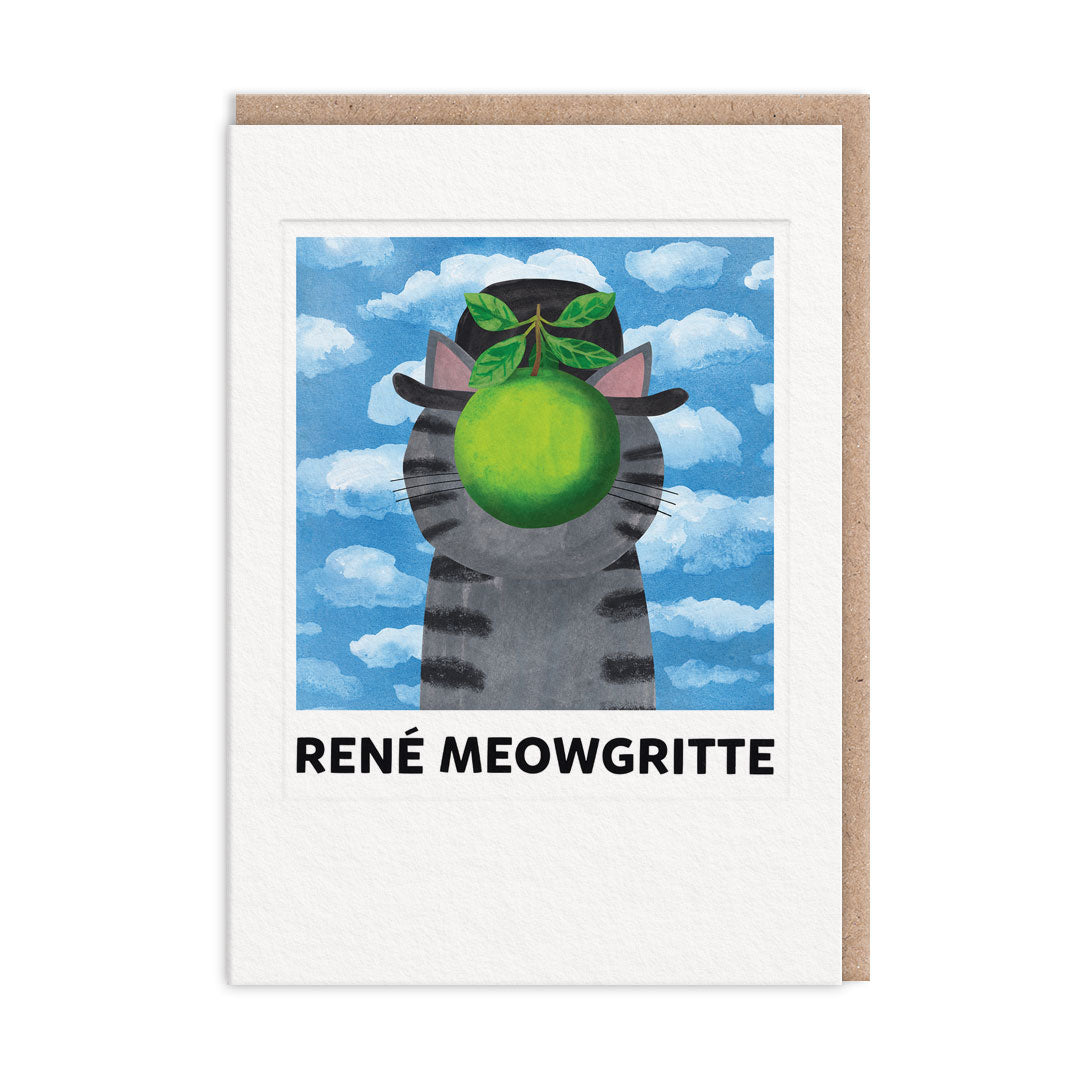 Greeting card with cat and green fruit illustration, René Meowgritte text