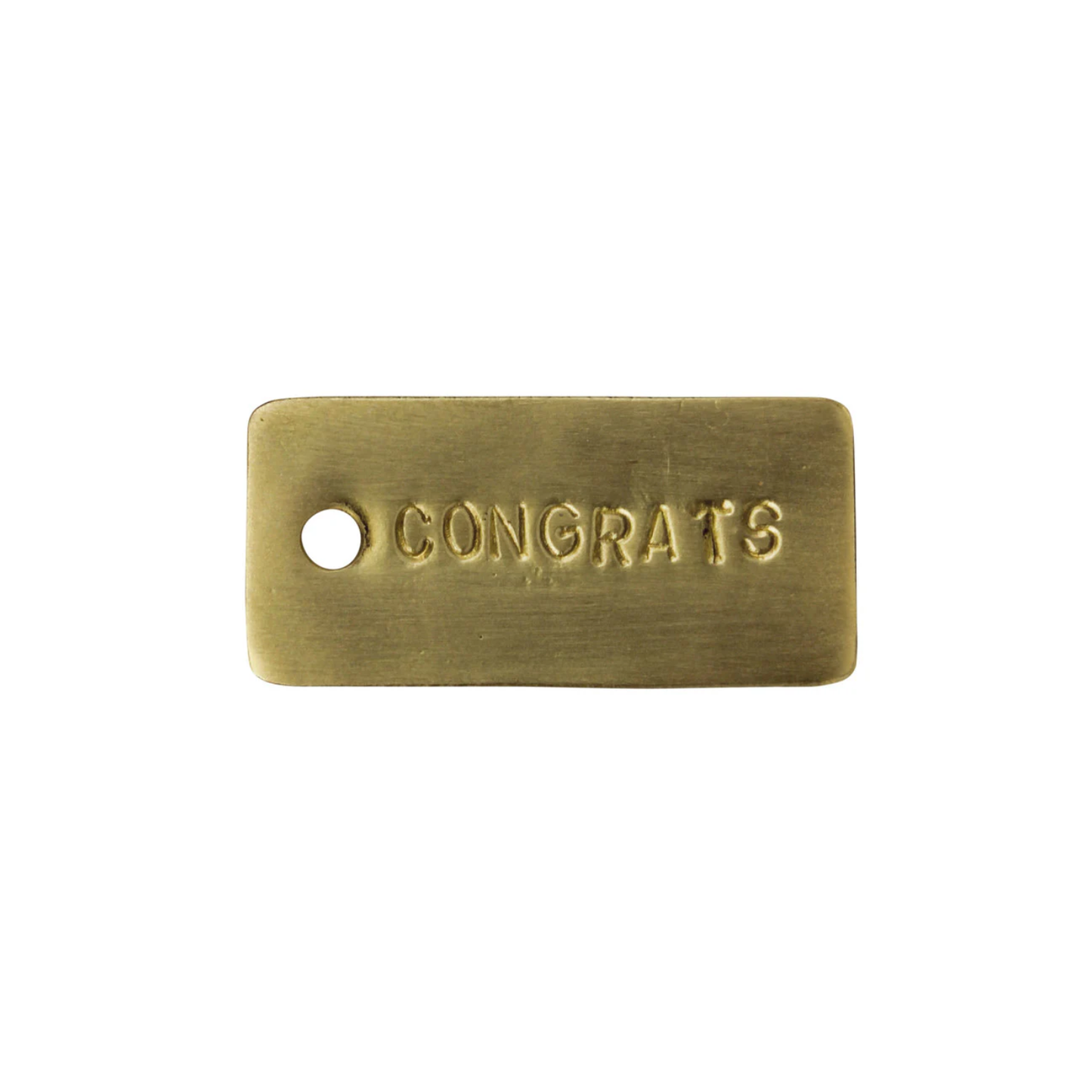 Brass congratulatory gift tag with hole and CONGRATS lettering