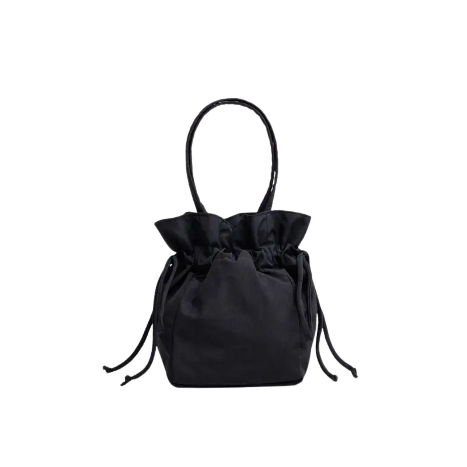 Black nylon drawstring bag with ruffled top and adjustable cord ties