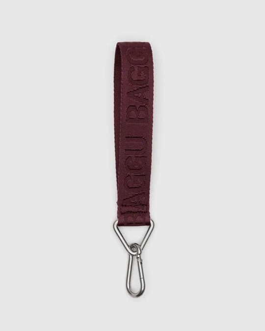 Burgundy logo keychain strap with metal keyring and clasp