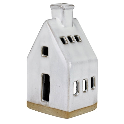 Ceramic cottage, white house decor with front windows and chimney