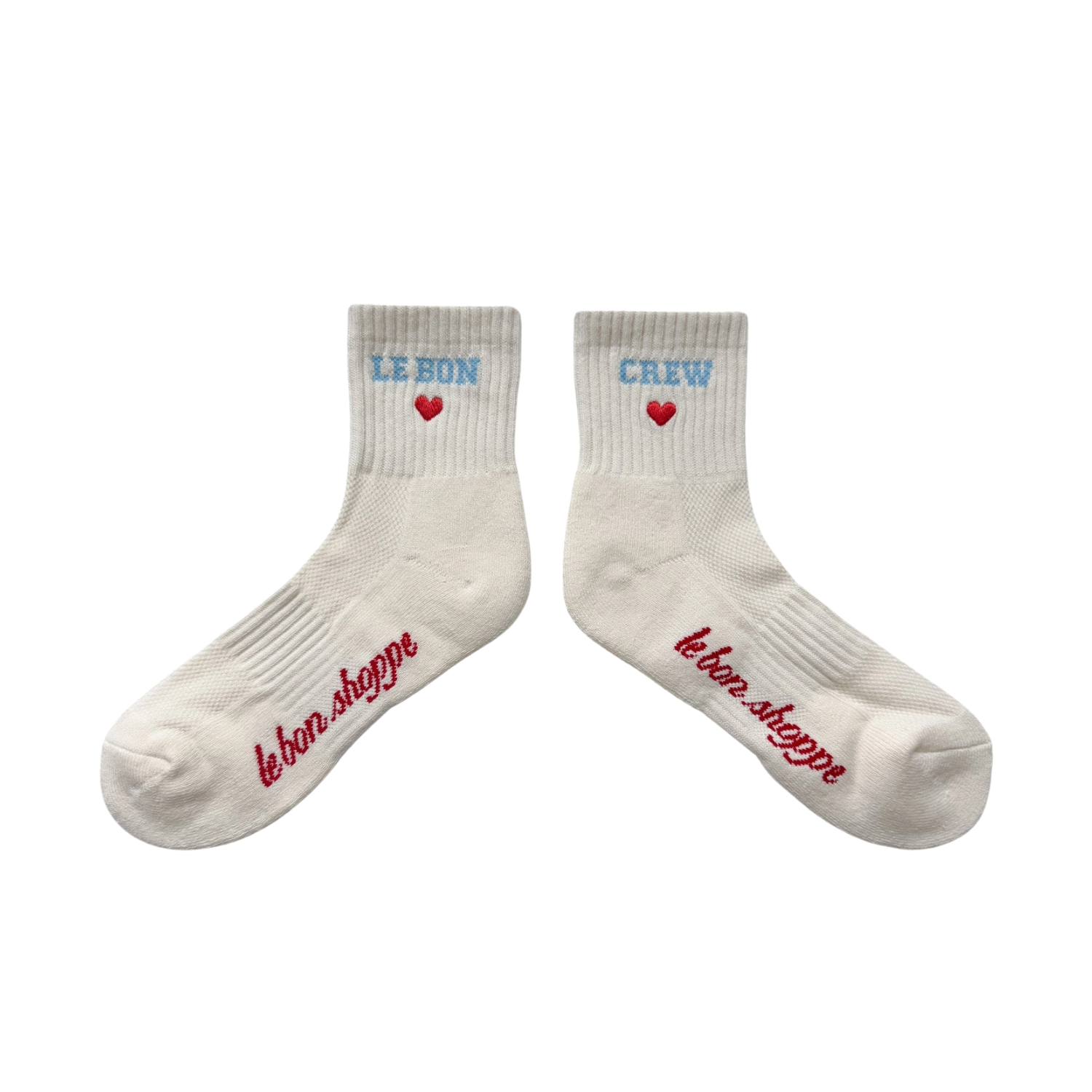 Embroidered crew socks, vanilla with LE BON and heart at cuff