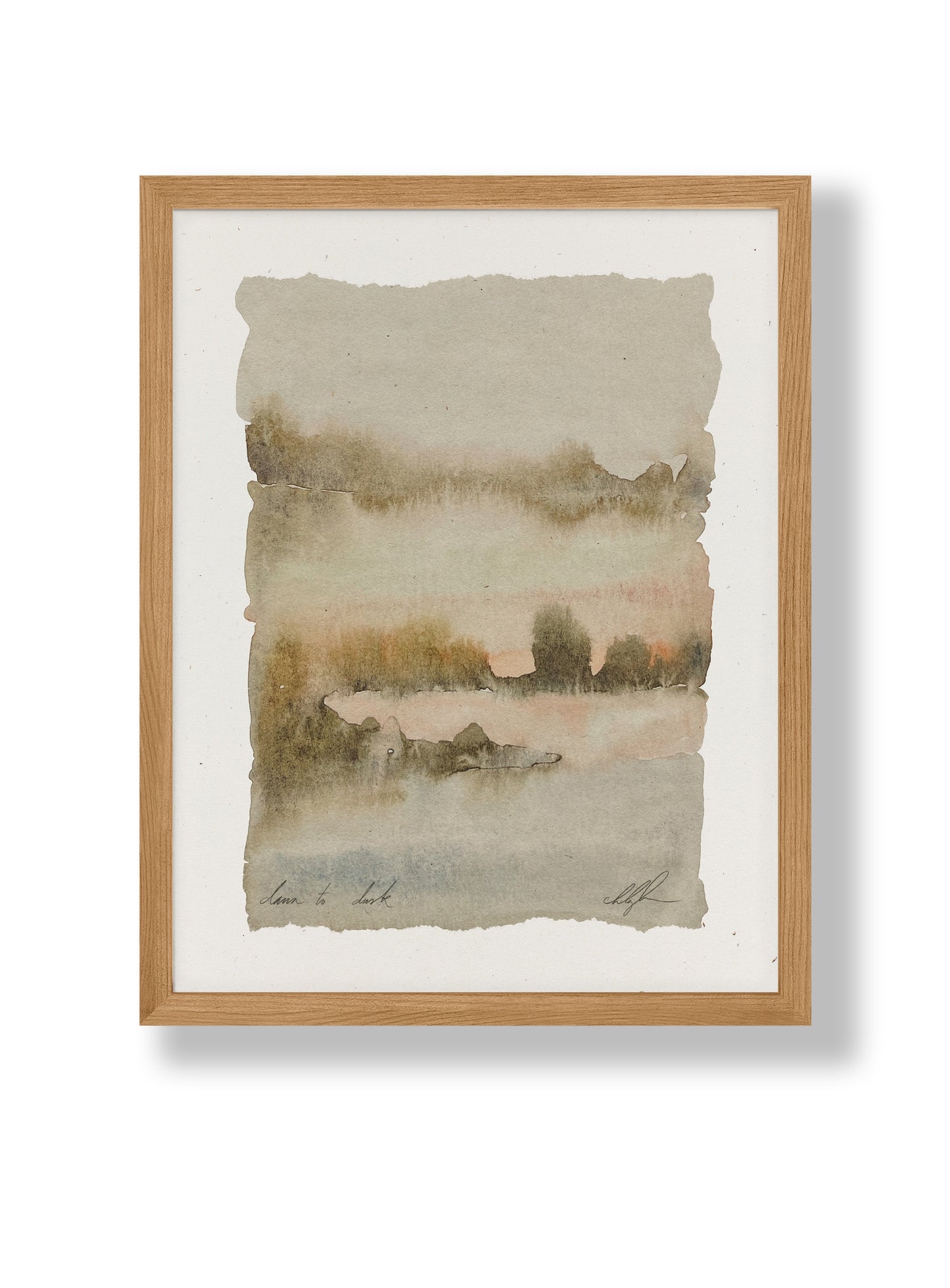 Framed watercolor landscape art print with soft sunrise hues, 8.5x11 in.