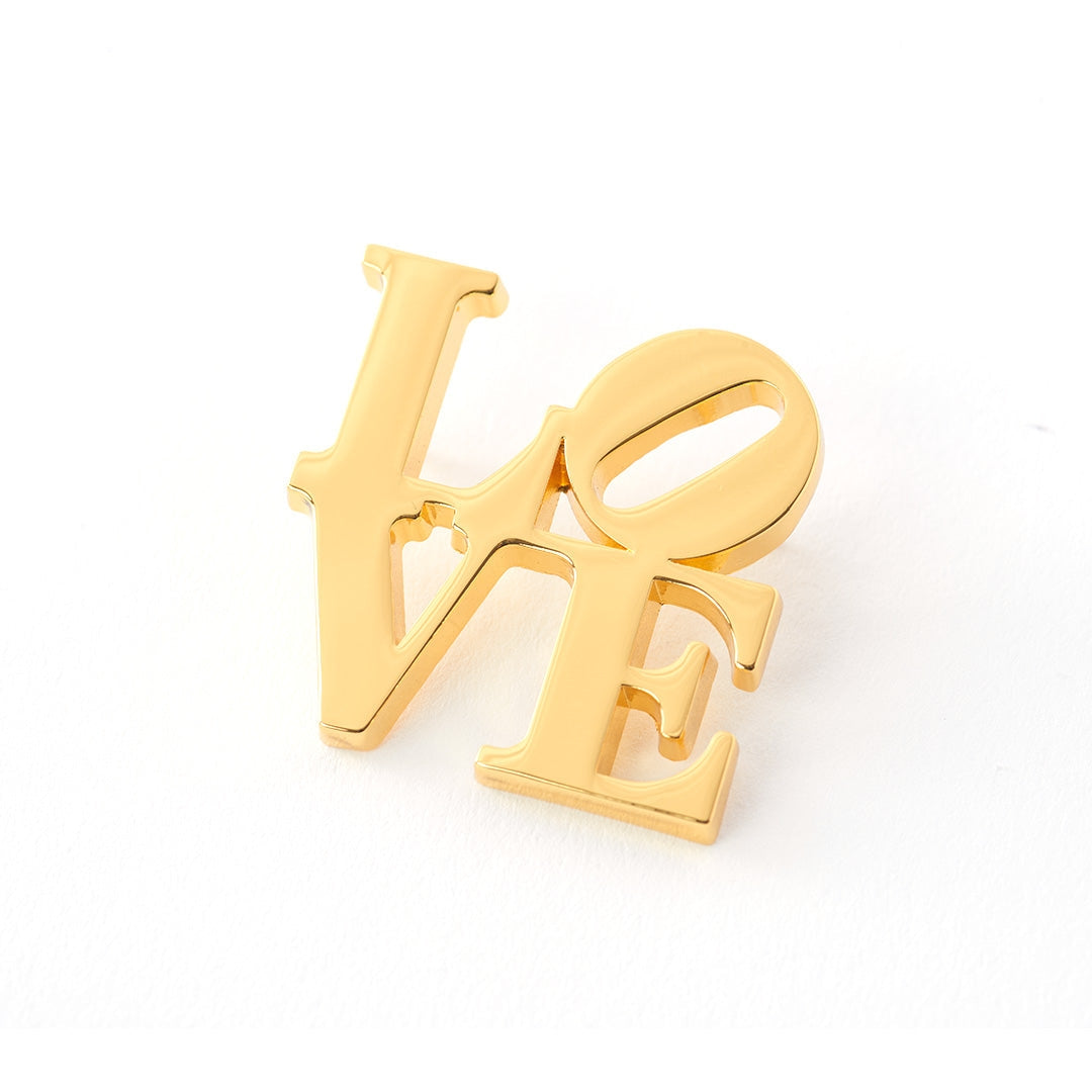 Gold LOVE letter lapel pin, polished metal finish