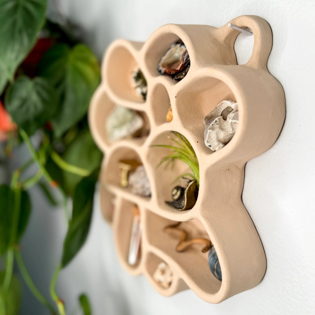 Sand wall-mounted cement shelf with rounded compartments and side handles