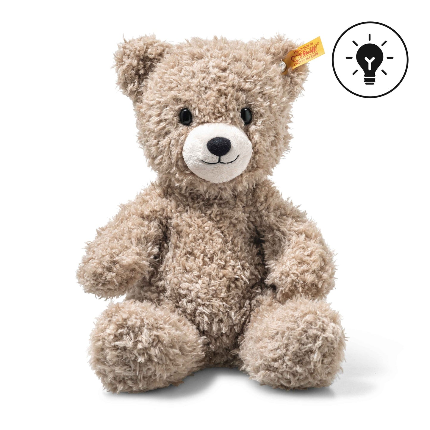 Light at Night Caspar teddy bear, tan curly plush, smiling face and black nose