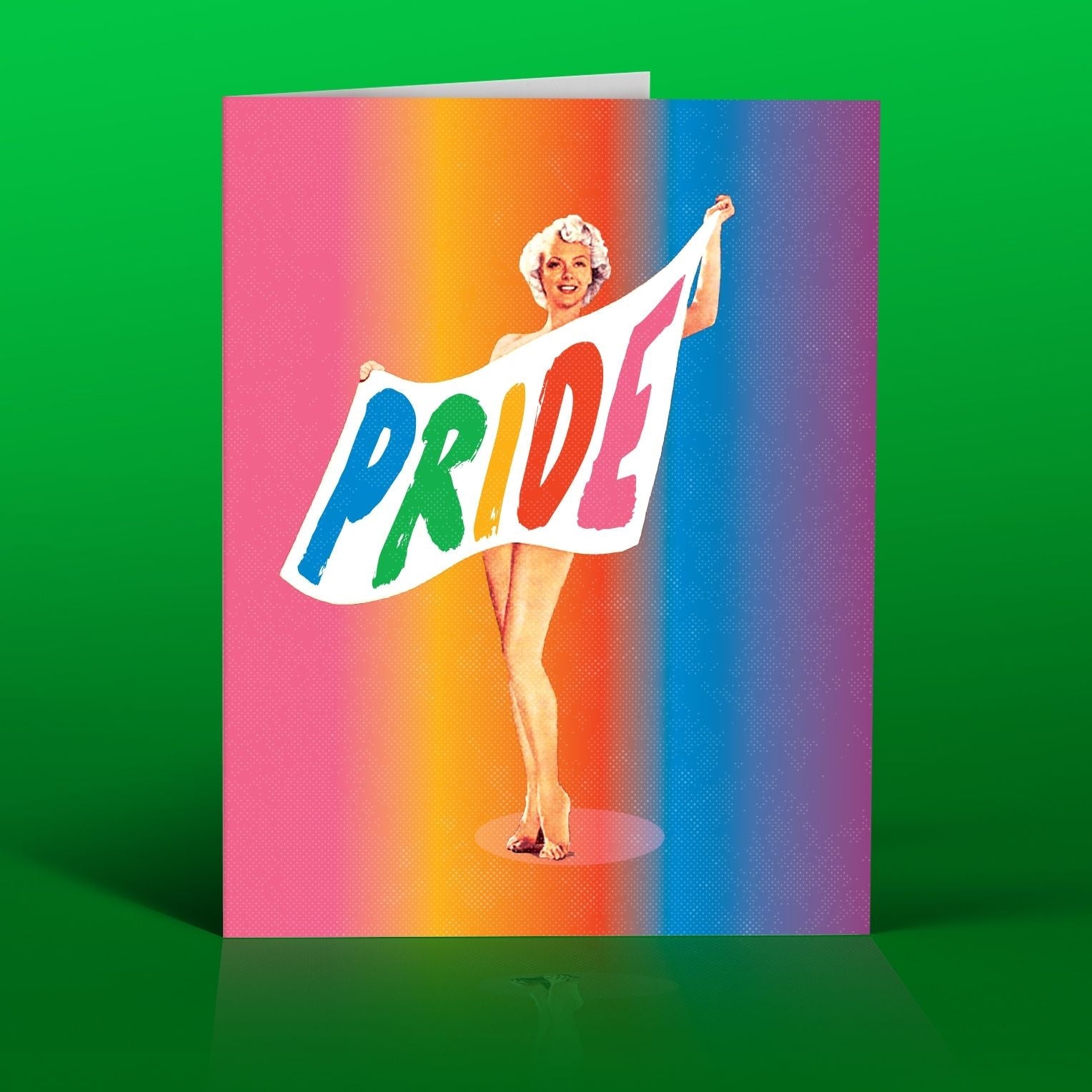 Pride flag card with photo of performer holding Pride banner