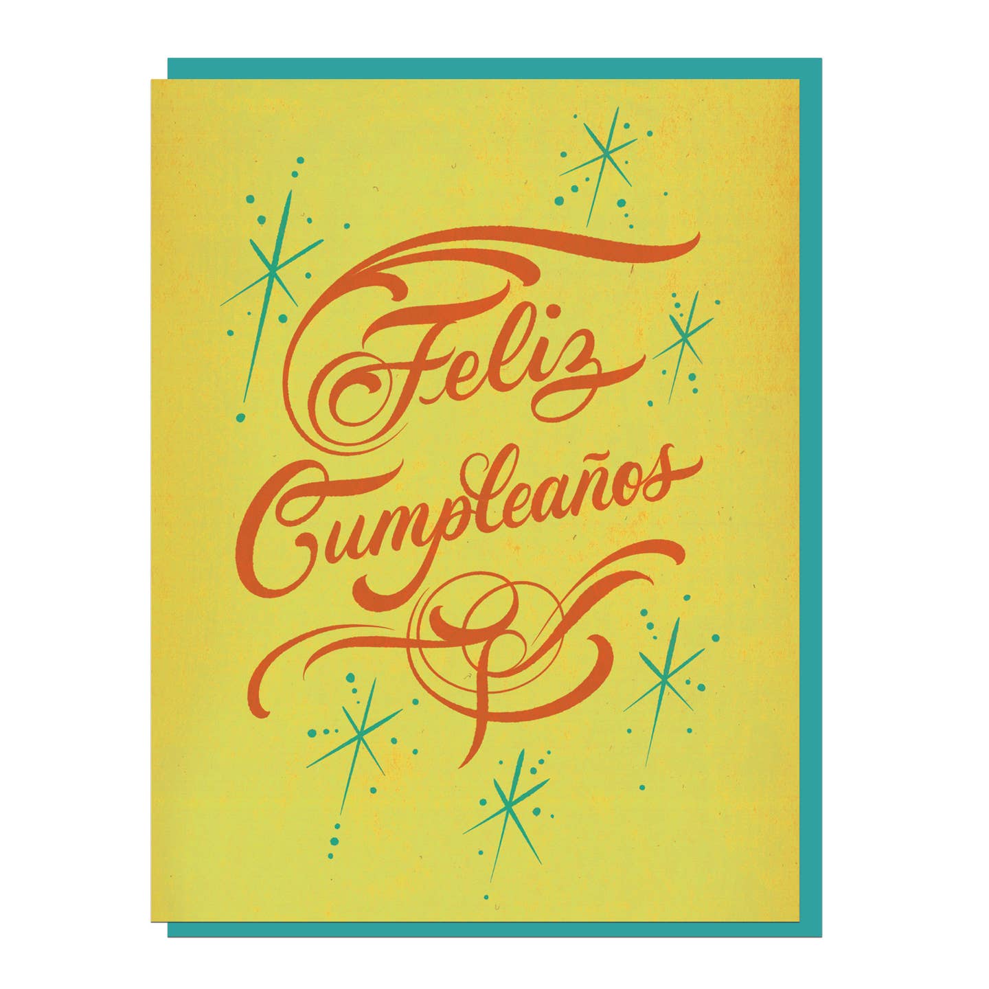 Greeting card with Feliz Cumpleanos script and teal starbursts