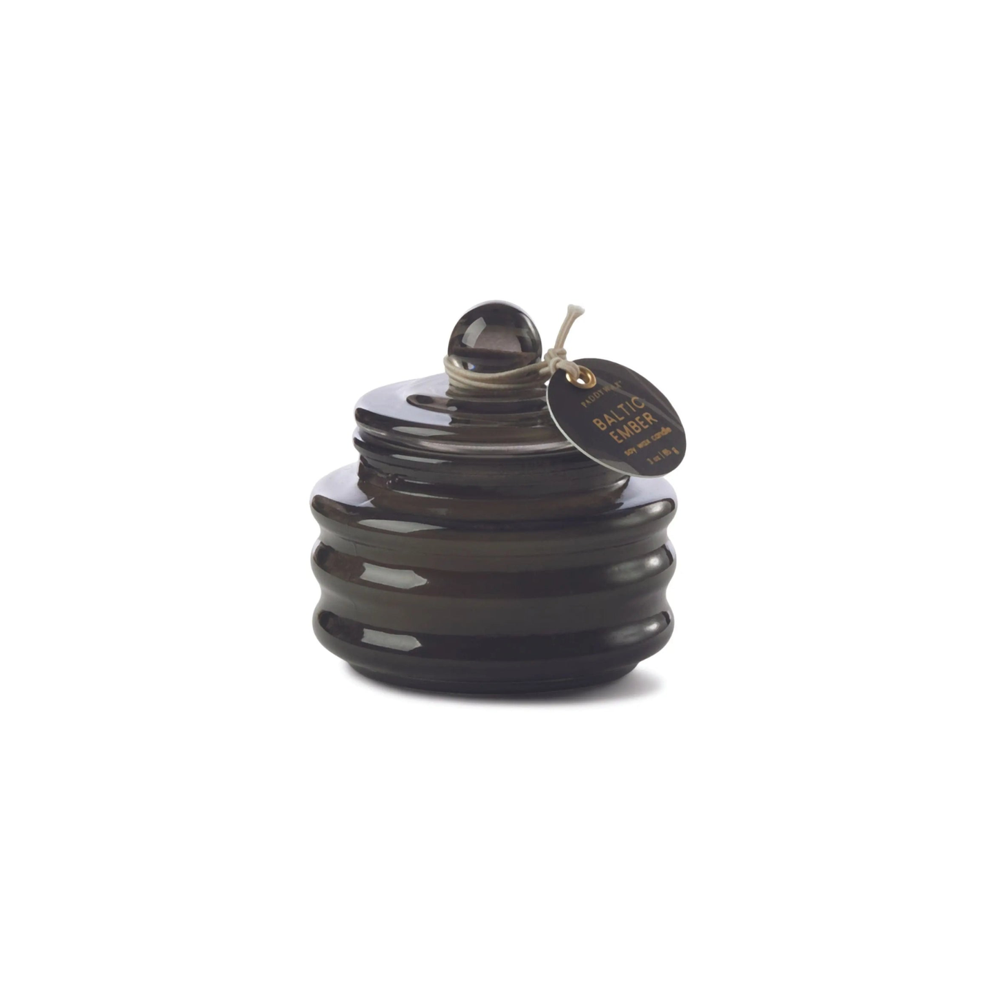 Baltic amber-scent glass jar candle in dark gray with dome lid and round tag
