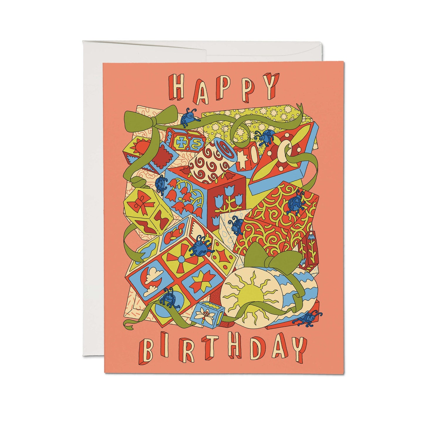 Birthday card with 'Happy Birthday' text and colorful bug collage on orange background