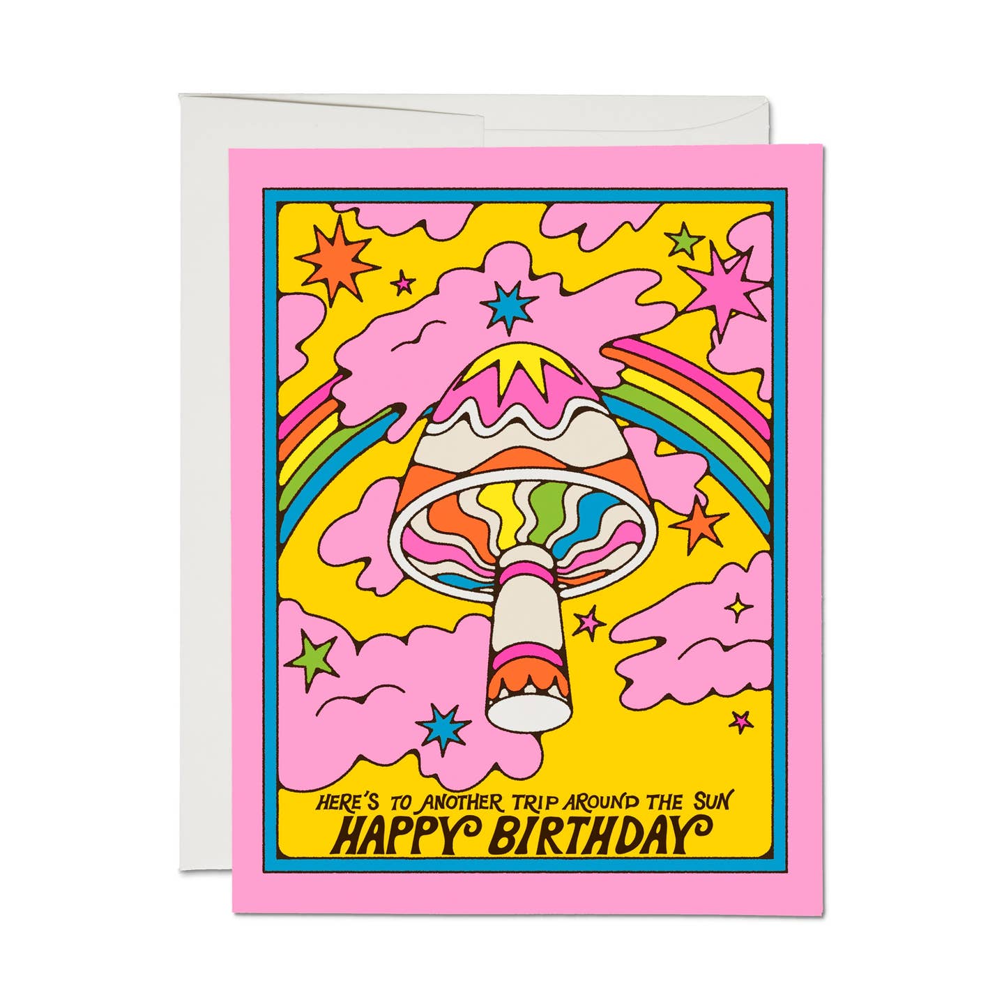Birthday card with colorful rainbow and sun graphic, "Happy Birthday" text