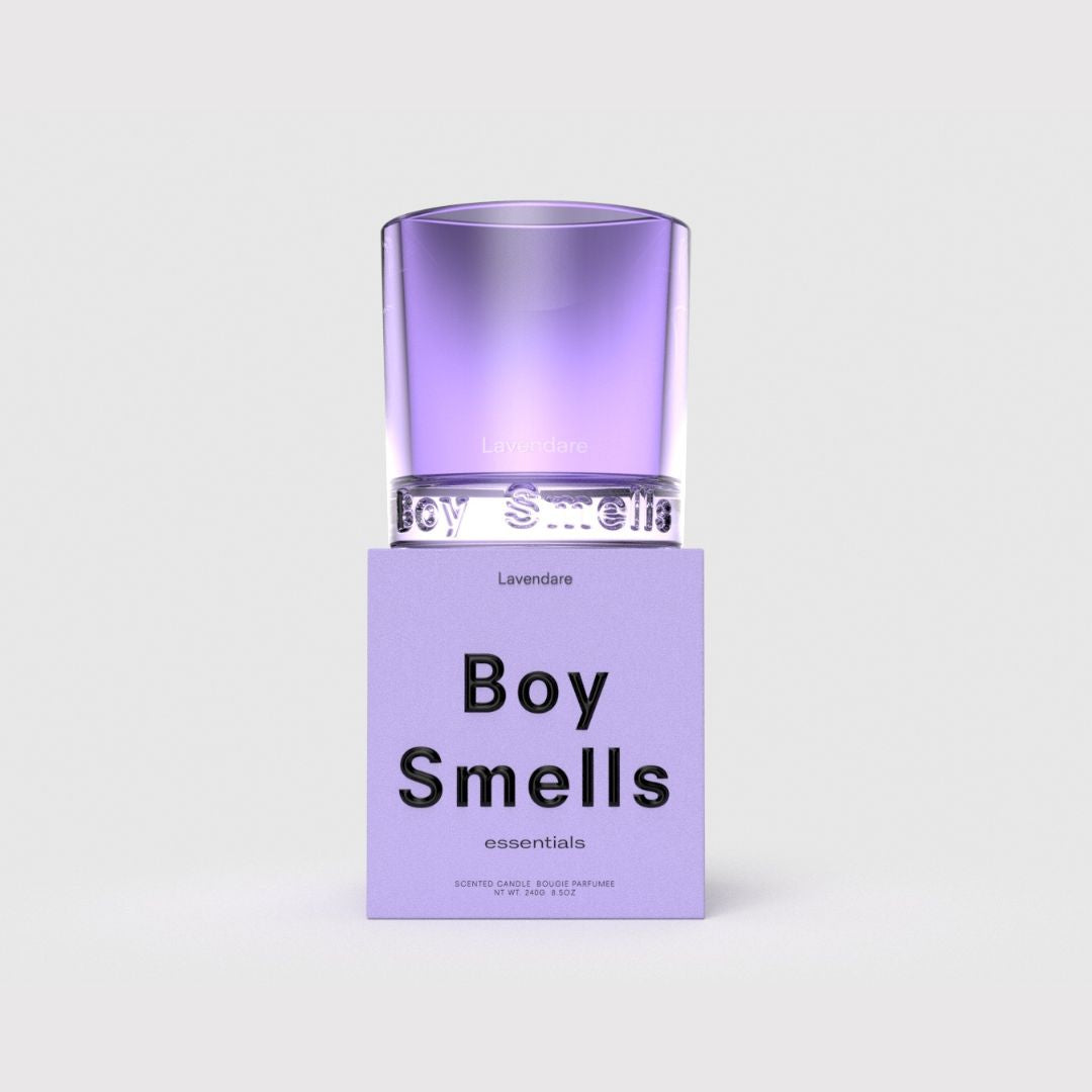 Lavendare Essentials candle in purple glass jar with “Boy Smells essentials” box