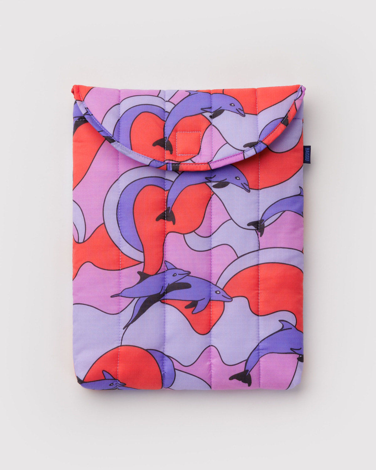 Puffy laptop sleeve, 13–14 in, purple and orange cartoon-like pattern