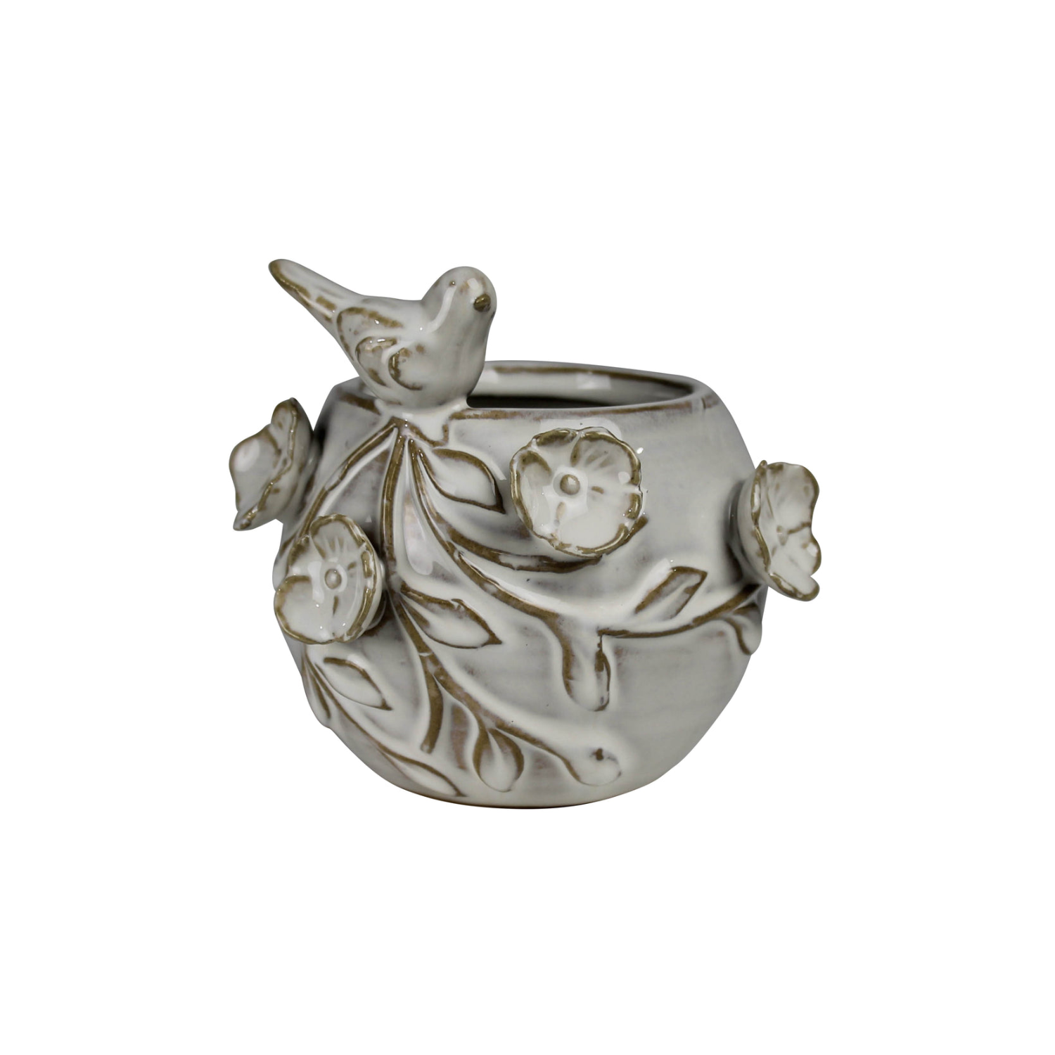 Ceramic vase with sculpted bird and floral relief, white with gold accents