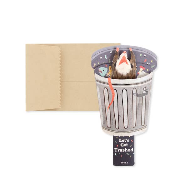 Birthday card with trash-can character, possum head and 'Let's get trashed' text