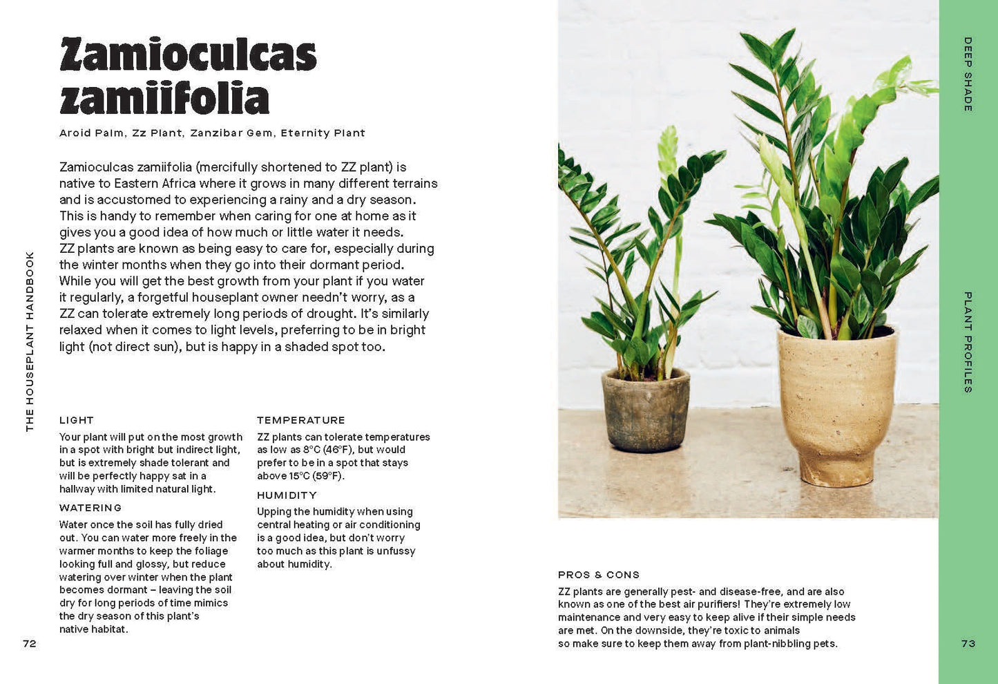 Open houseplant handbook pages with zamioculcas info and potted plant photos