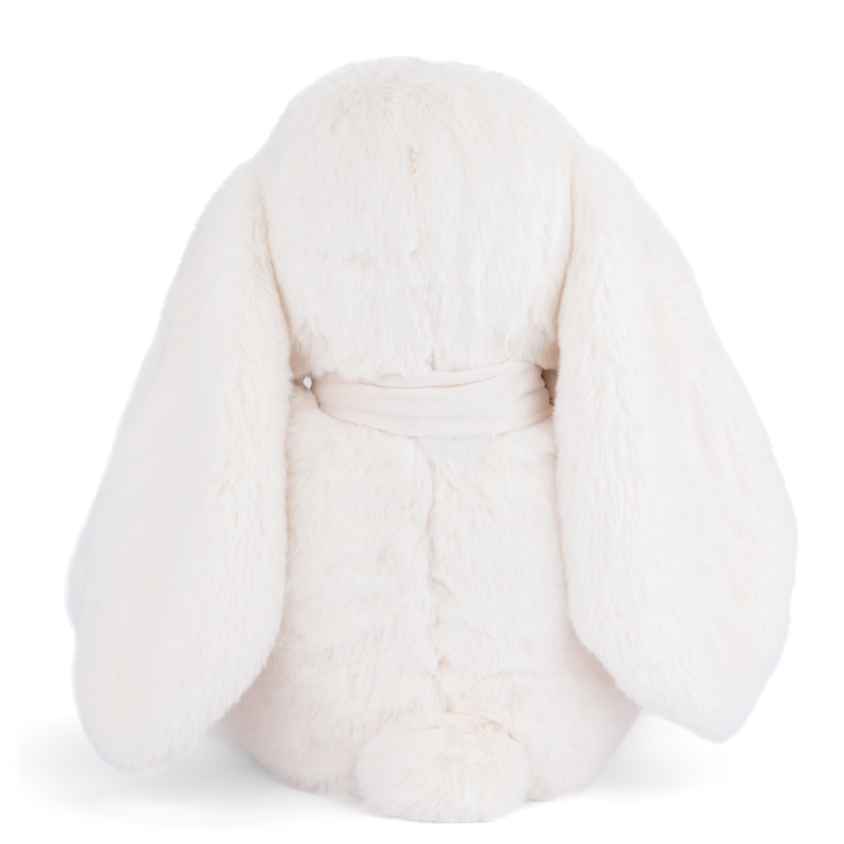 Cream plush rabbit back view with floppy ears and wrapped waist sash