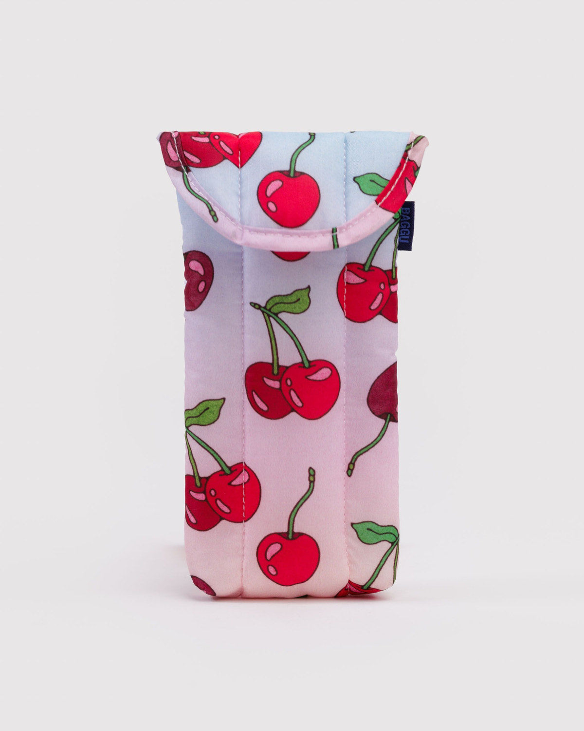 Padded glasses sleeve in light pink with red cherry print and fold-over flap