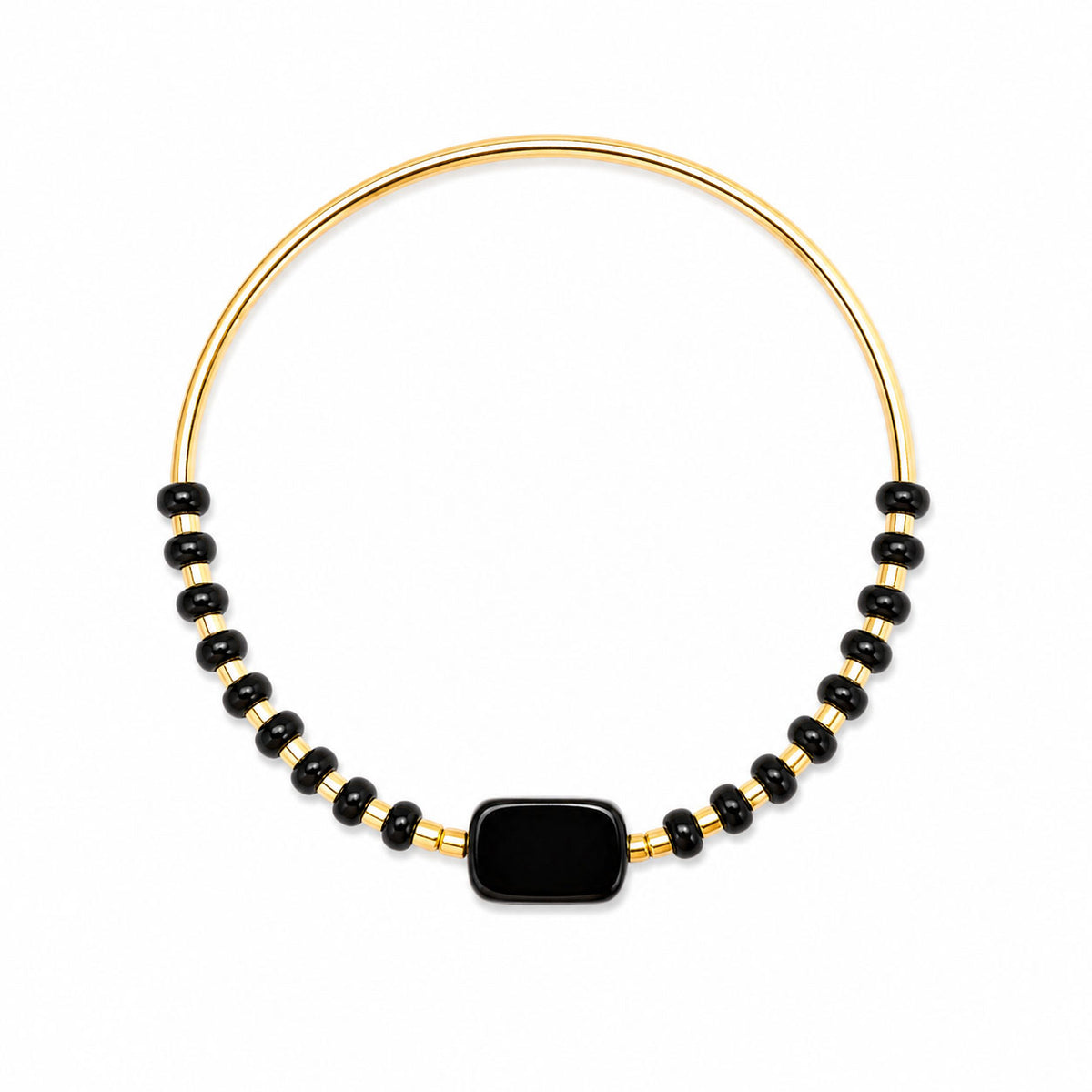 Stretch Bangle Bracelet - Black Obsidian - Gold