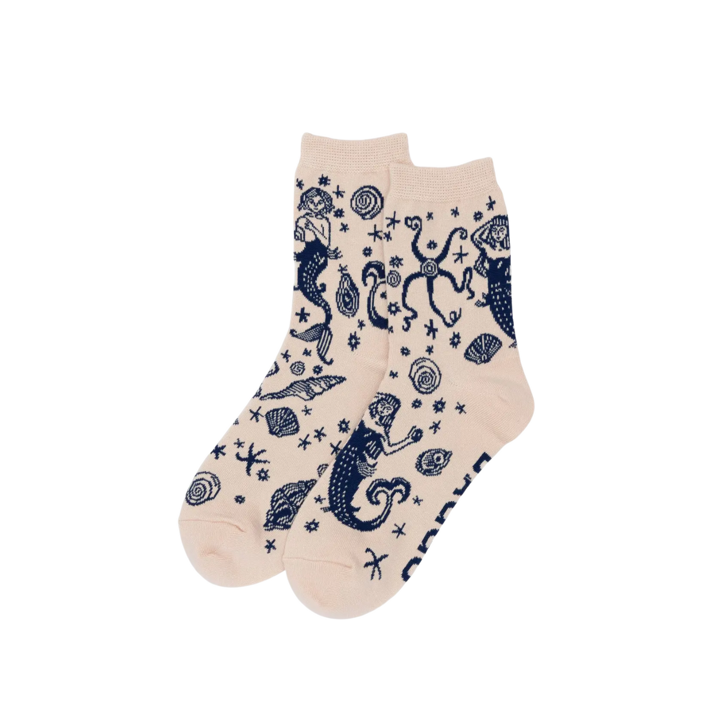 Crew socks in cream with navy nautical icons and stars pattern