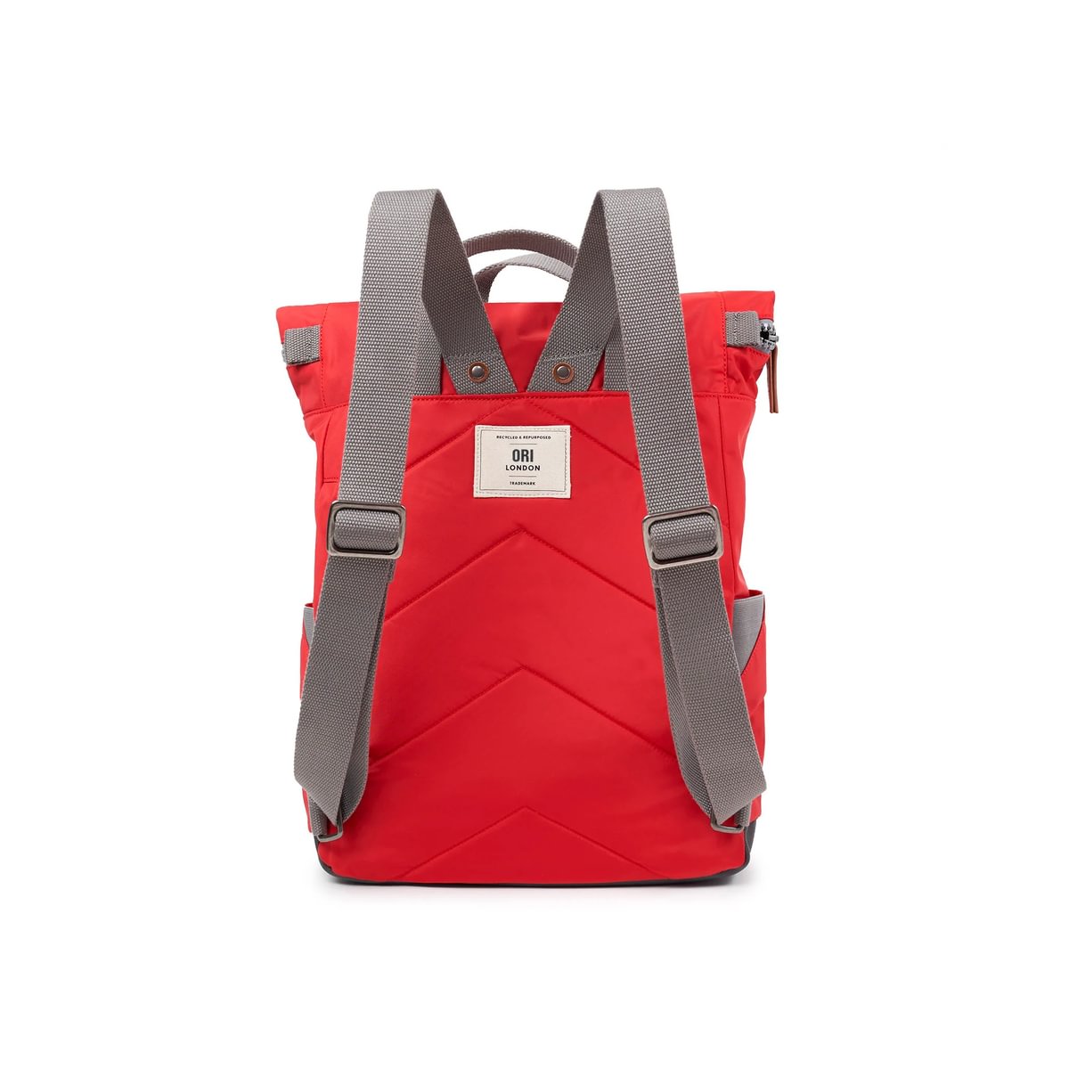 Red medium nylon backpack with padded shoulder straps and gray webbing, front view