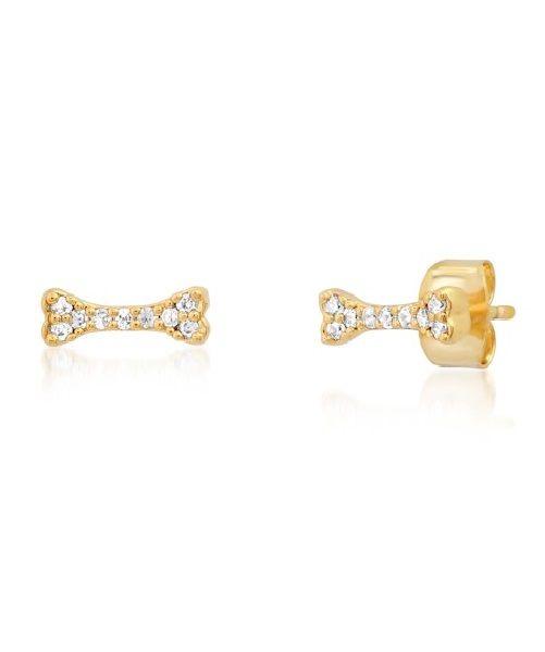 Gold-tone dog bone CZ stud earrings set, front and push-back posts shown