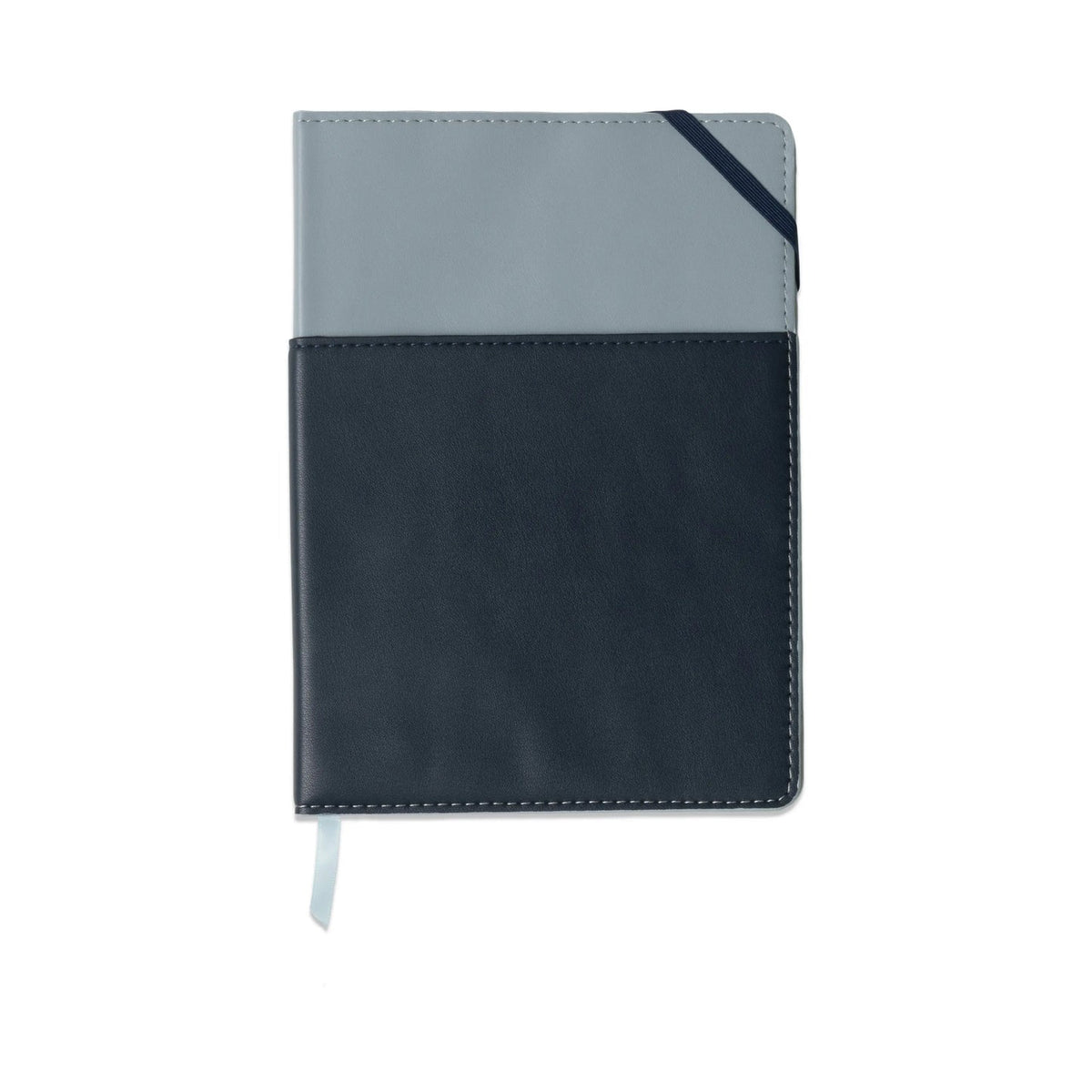 Two-tone vegan leather pocket journal in blue and navy with stitched cover and bookmark ribbon