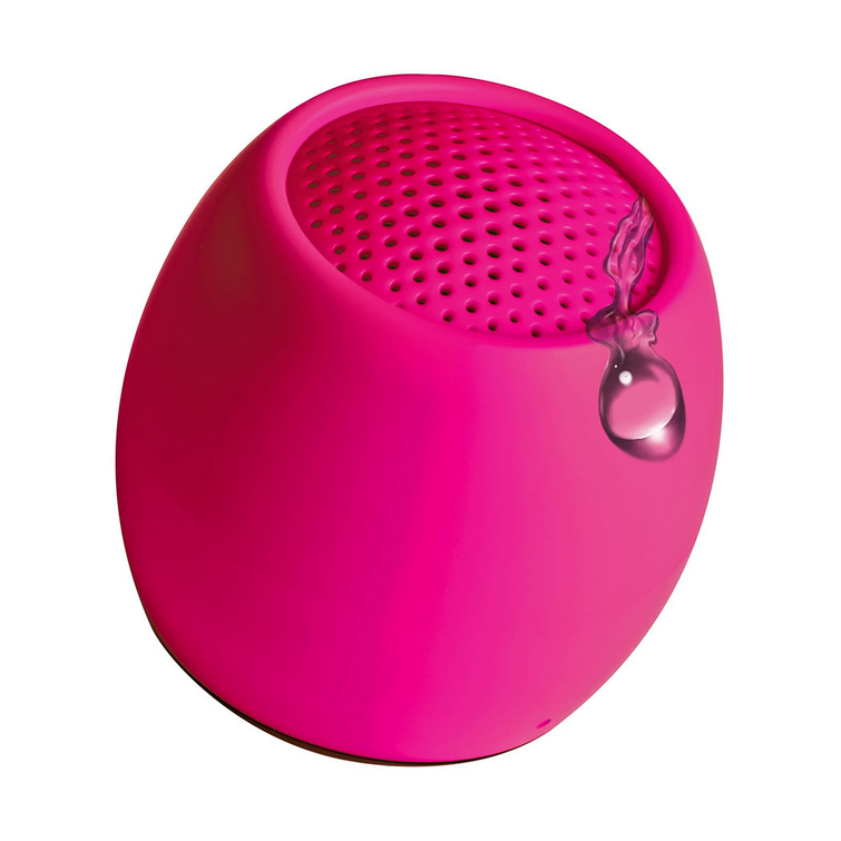 Mini wireless speaker in pink with top grille and small hanging loop