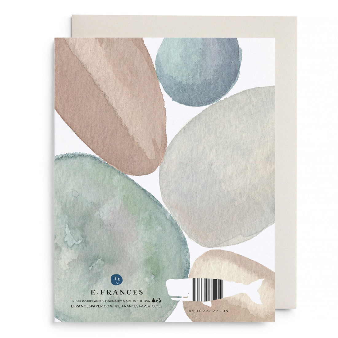 Greeting card back with watercolor rock shapes, E. Frances logo, barcode