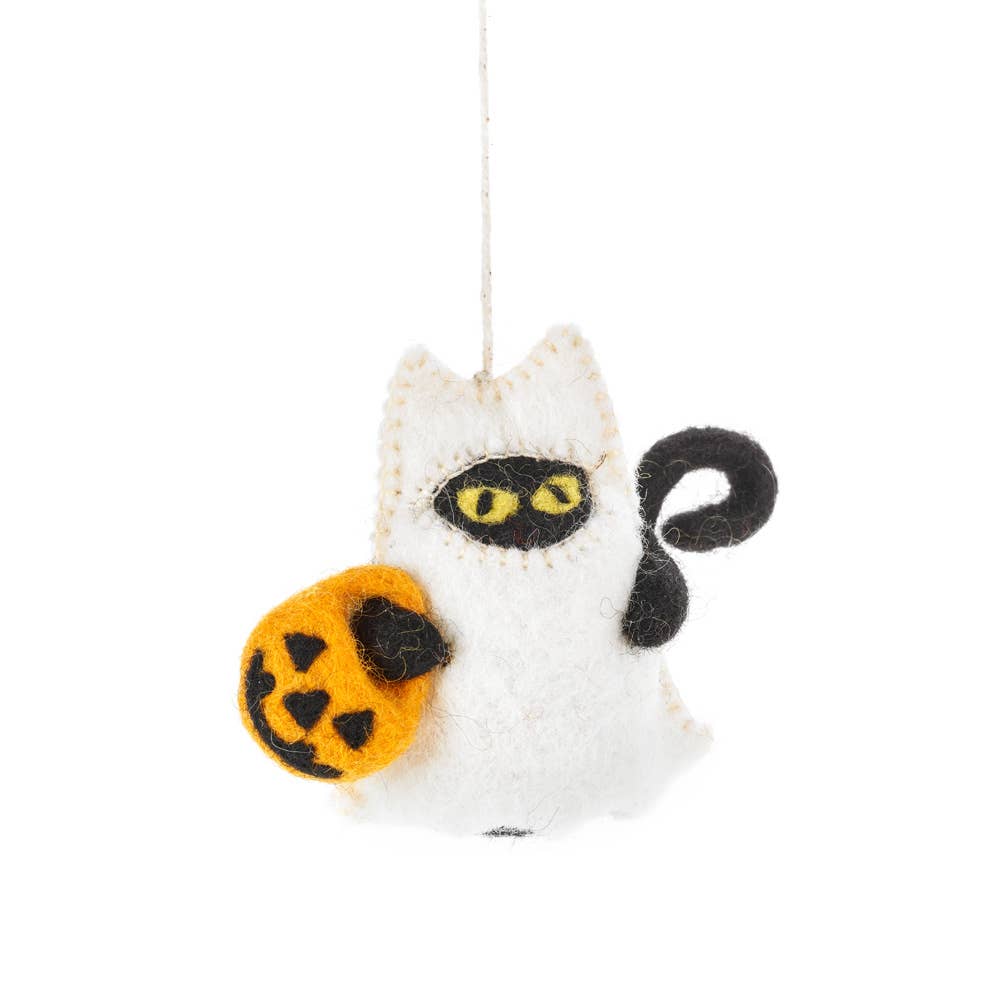 Felt cat hanging decoration, white with black face and jack-o'-lantern accessory