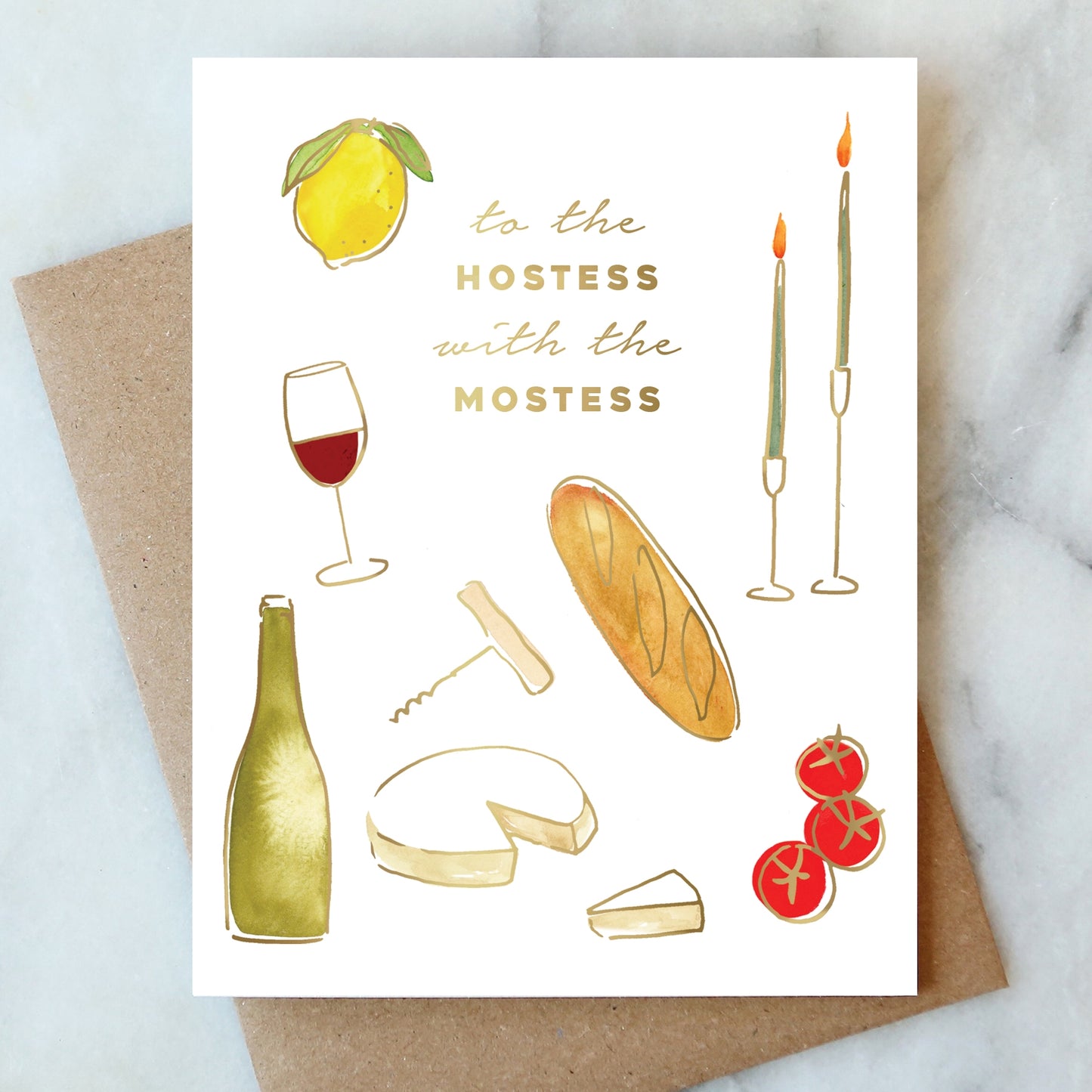 Hostess thank you card with yellow lemon, wine glass, candles, grapes, and shoes design
