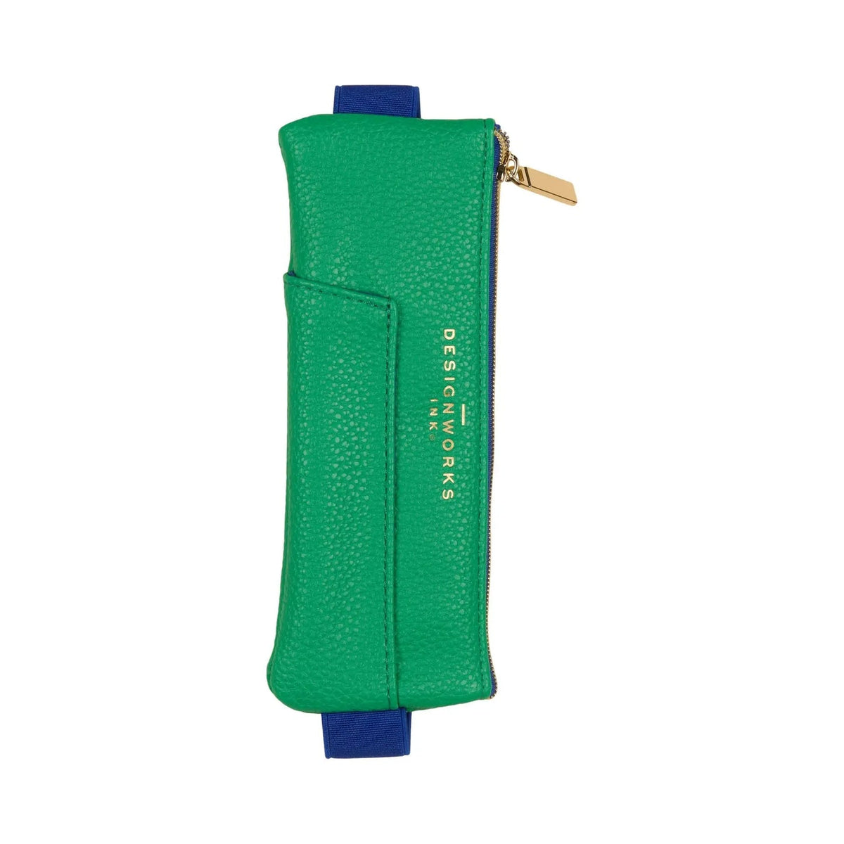Green vegan leather pen pouch with blue elastic strap and top zipper