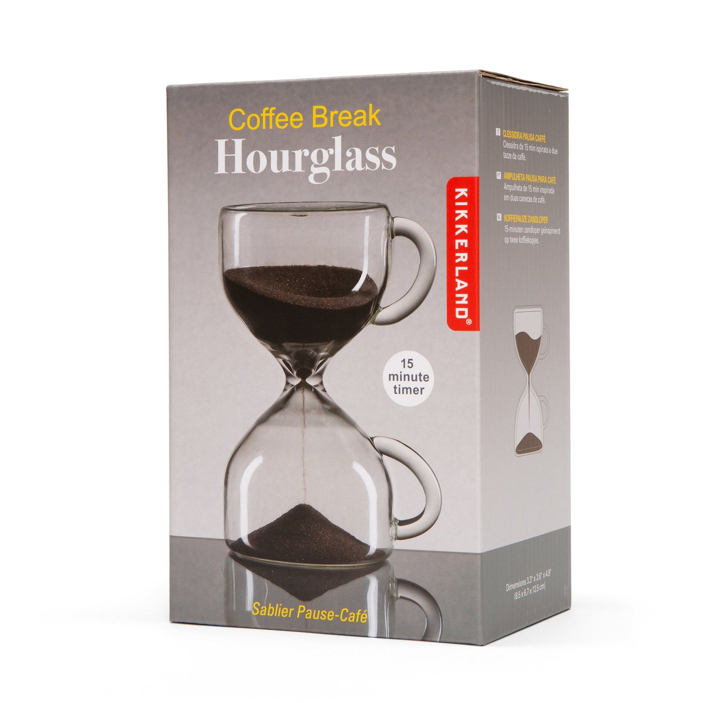 Coffee break hourglass sand timer gift box featuring clear glass and brown sand