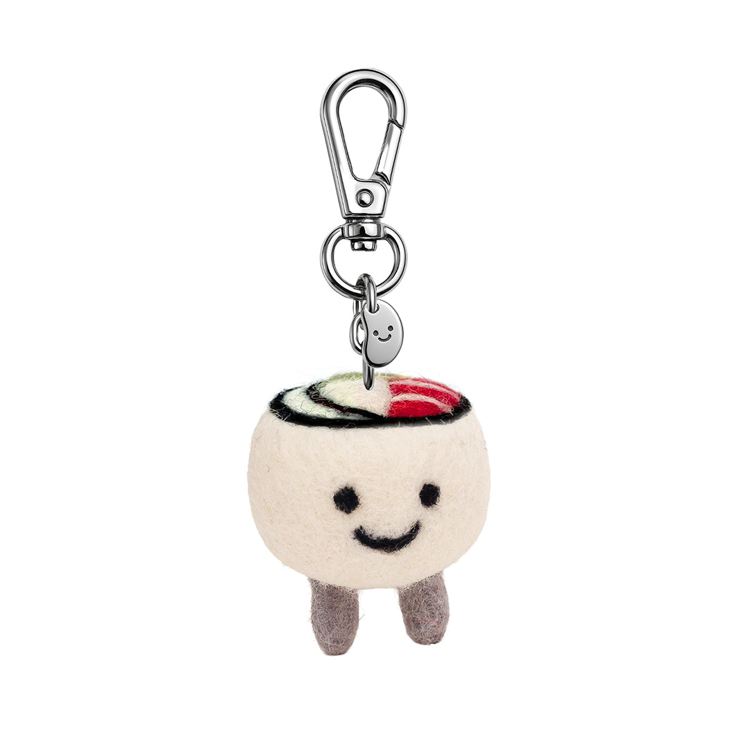 Felt sushi keychain with smiling rice character and red-black topping