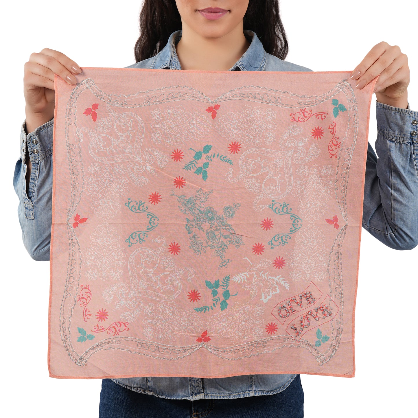 Peach embroidered bandana with multicolor floral sprig pattern and delicate border