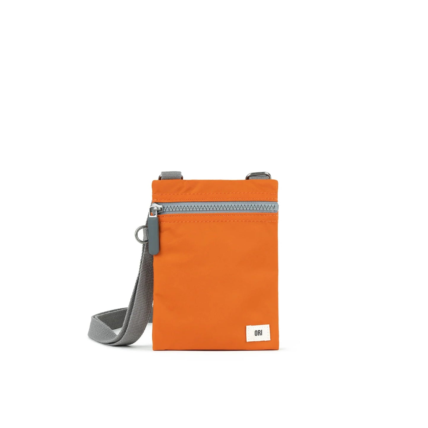 Orange recycled nylon pocket crossbody bag with zip top and gray adjustable strap