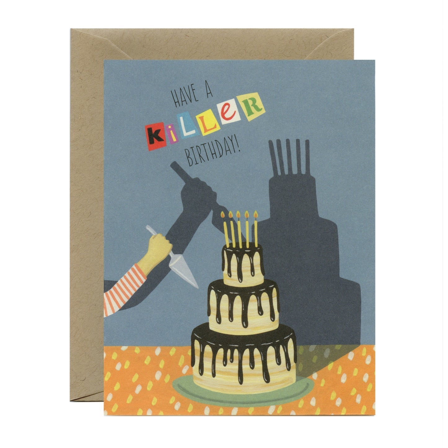 Birthday card with 'Have a Killer Birthday!' text, candles and cake illustration