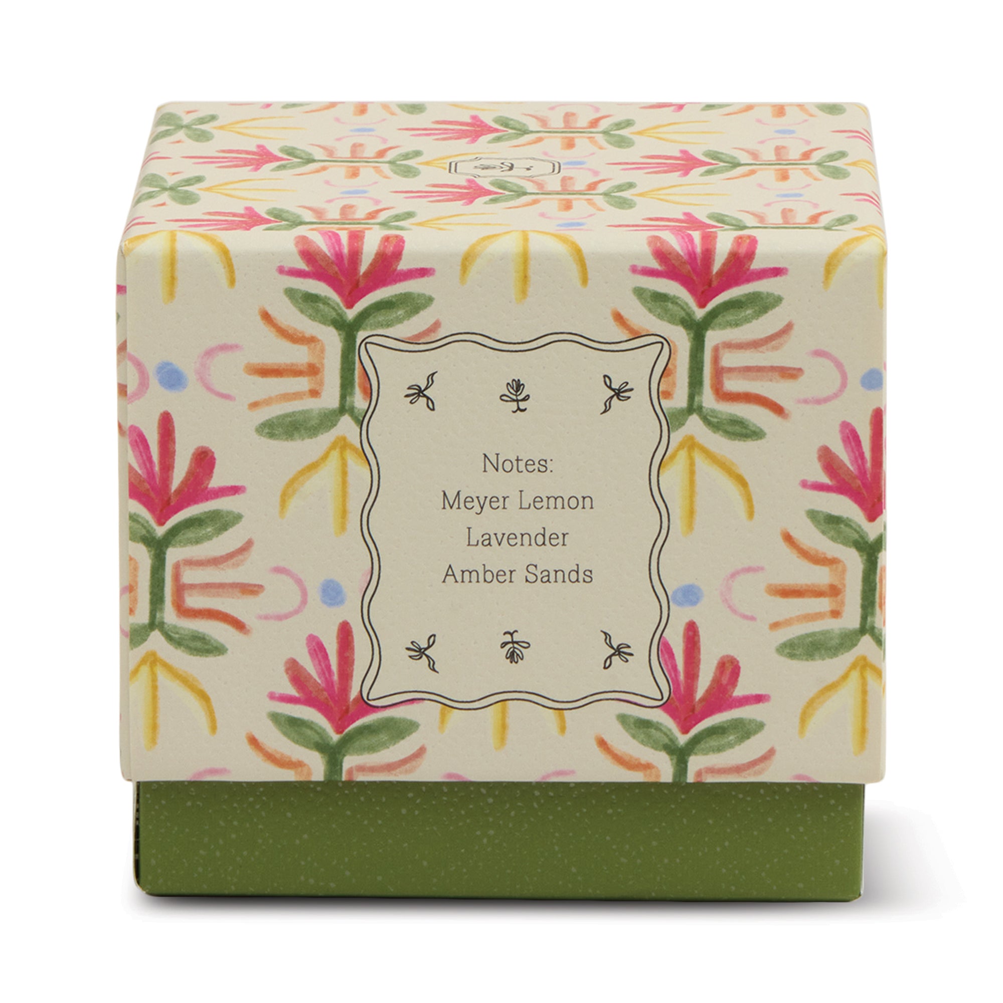 Decorative candle gift box with notes: Meyer Lemon, Lavender, Amber Sands