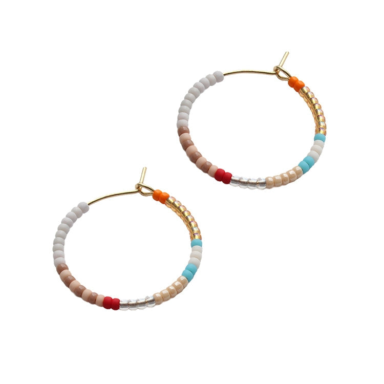 Beaded hoop earrings with gold posts, gray/tan beads and red, orange, blue detail